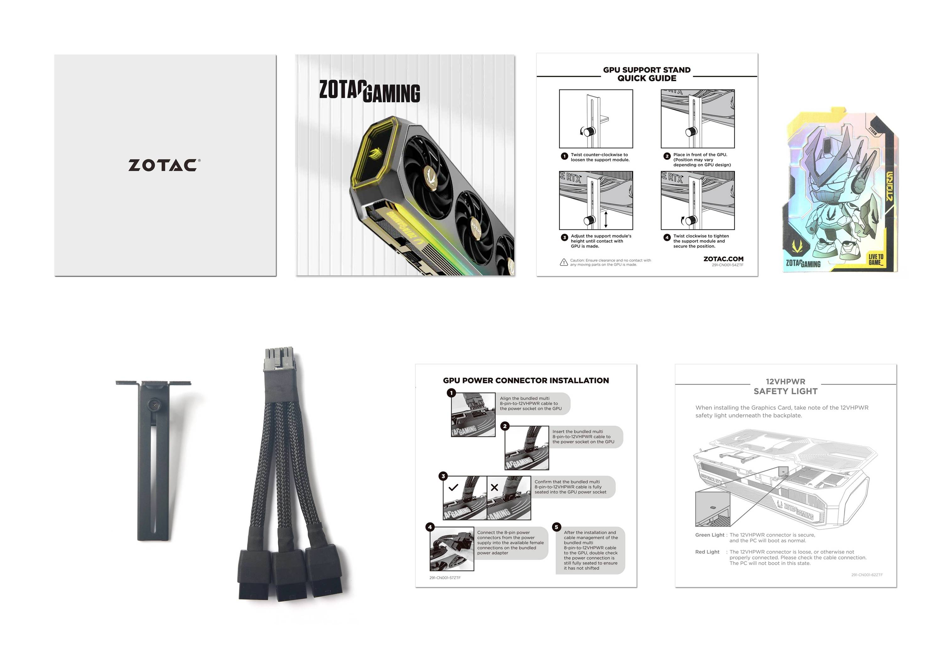 Verpackungsinhalt einer Grafikkarte: ZOTAC GeForce-Anleitung, Grafikkartenstütze, Stromkabel, Sicherheits- und Installationshinweise.