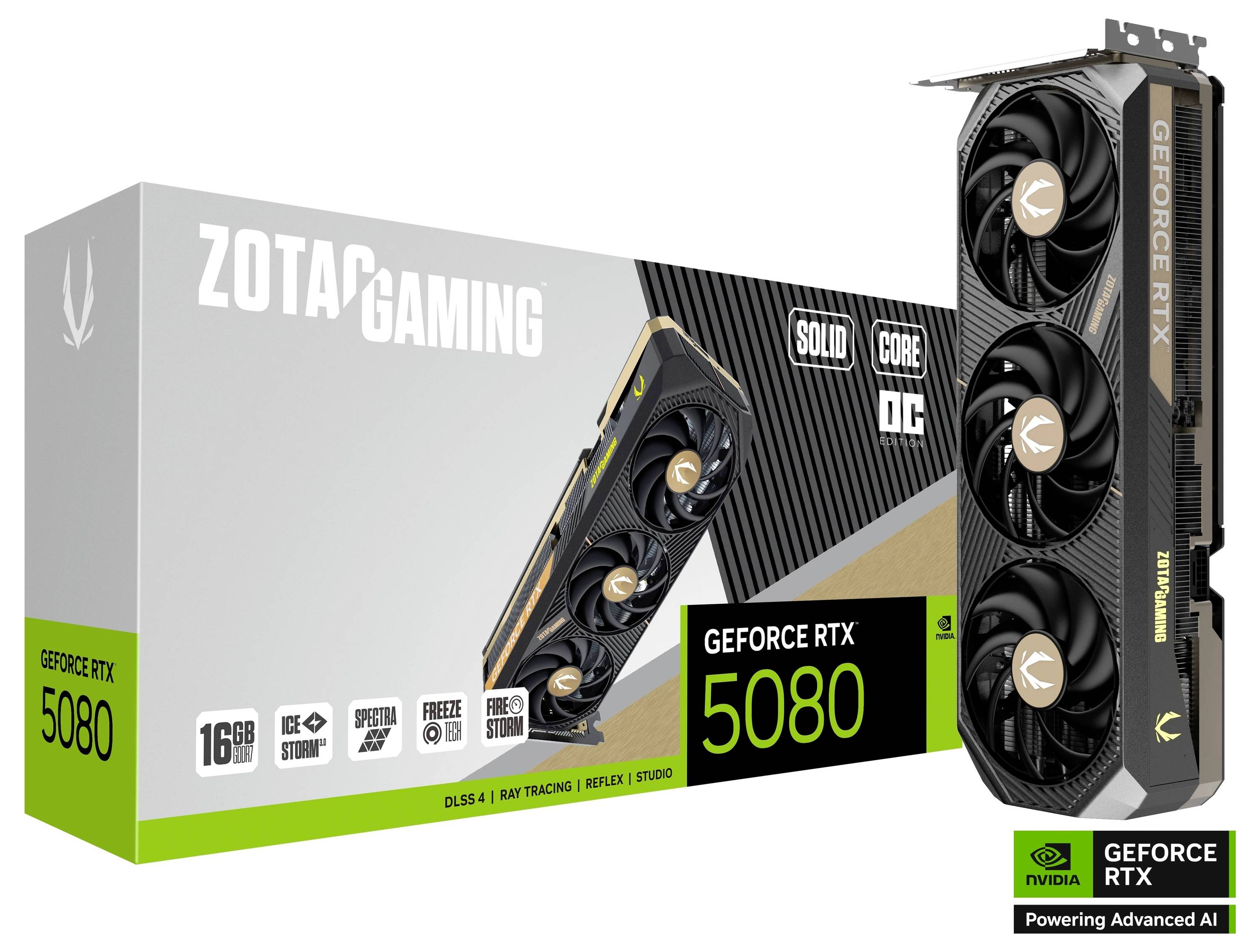 Grafikkarte ZOTAC Gaming GeForce RTX 5080, 16GB Speicher, mit drei Lüftern. Verpackung zeigt 'DLSS 4', 'Ray Tracing', 'Ice Storm 2.0'.
