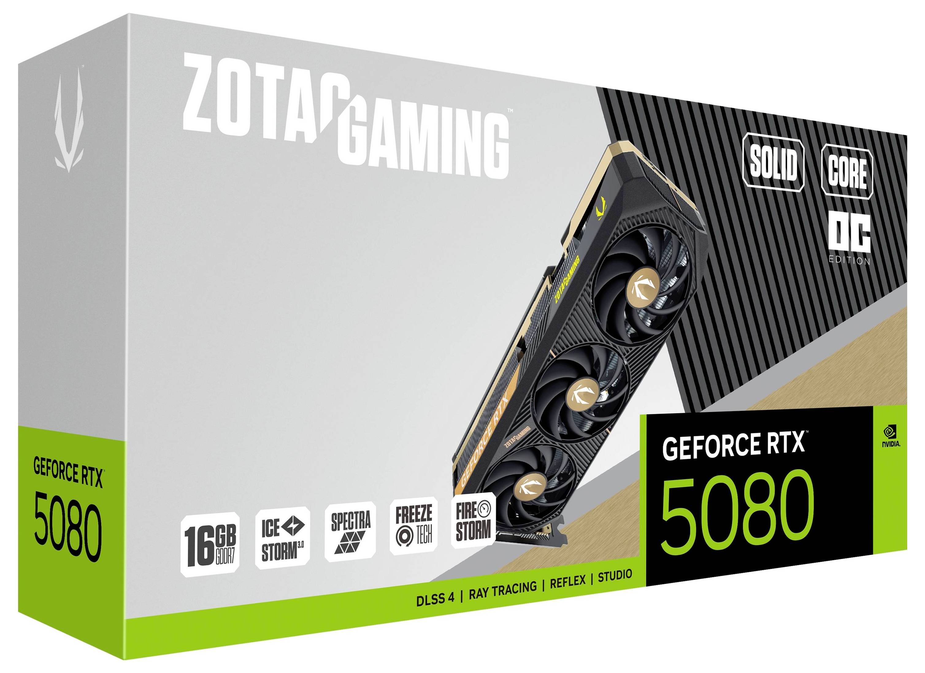 Grafikkarte 'ZOTAC GAMING GeForce RTX 5080' mit 16 GB GDDR6X, zeigt Kühltechnologien und PCIe-Schnittstelle auf Verpackung.