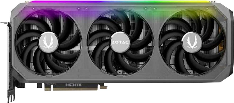 Abgebildet ist eine Grafikkarte mit drei Lüftern und einem RGB-Leuchteffekt. Auf einem Lüfter steht der Schriftzug 'ZOTAC'.
