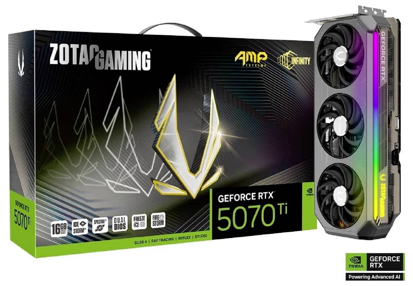 Grafikkartenverpackung mit der Aufschrift 'GeForce RTX 5070 Ti' und Herstellerlogo. Die Grafikkarte zeigt drei Lüfter und bunte LED-Streifen.