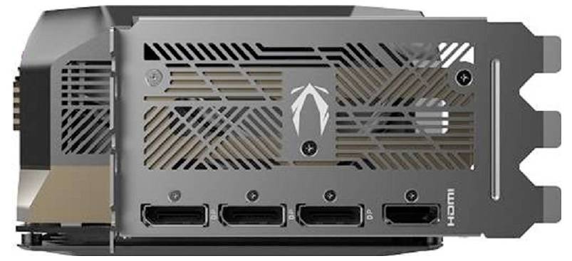 Rückseite einer Grafikkarte mit drei DisplayPort- und einem HDMI-Anschluss, gezeigt für Anschlussmöglichkeiten an Monitore.