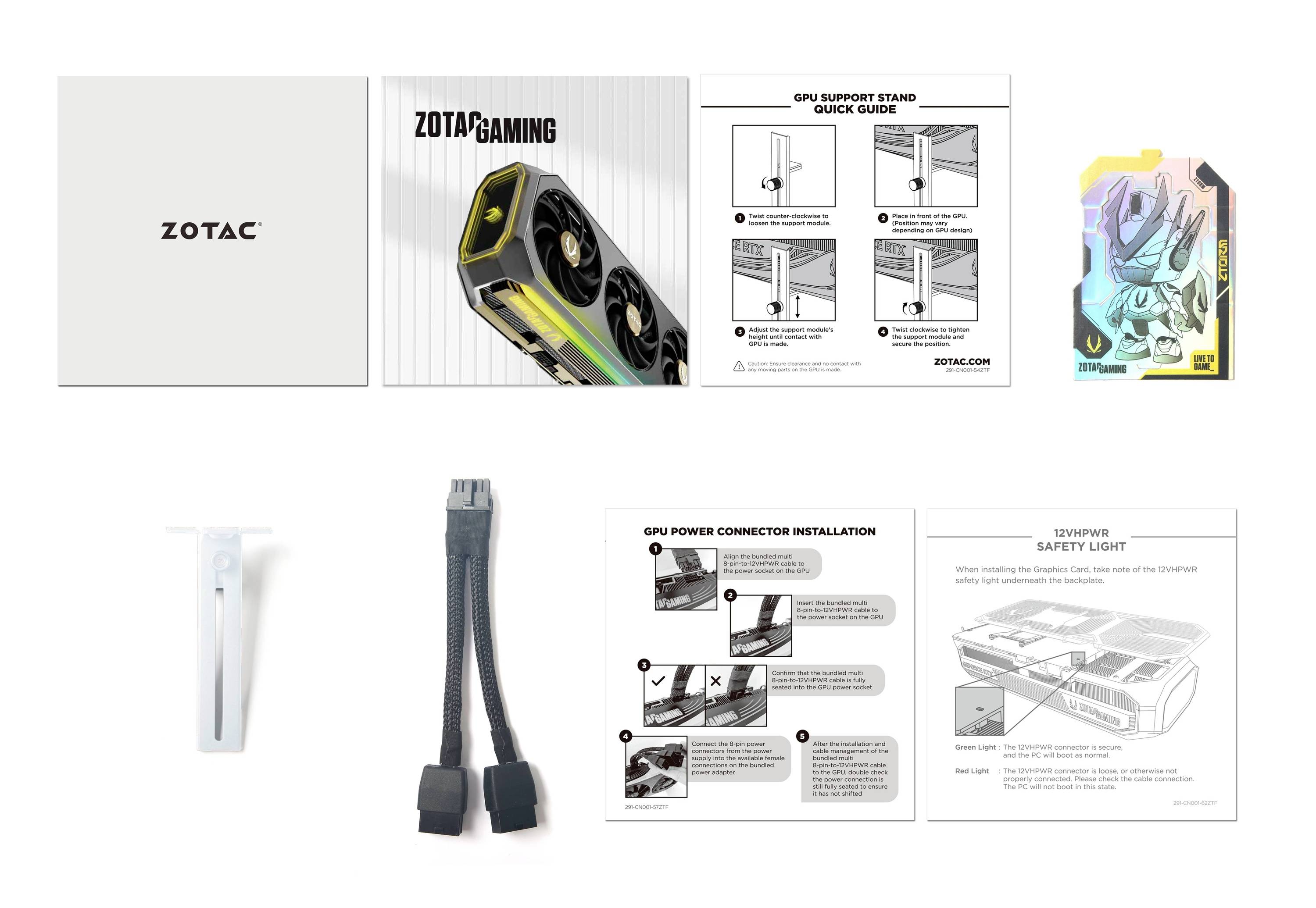 Grafikkartenverpackung zeigt Zubehör, Handbuch und Installationsanleitung. Beinhaltet Stromkabel, GPU-Unterstützungsständer und Sicherheitshinweise.