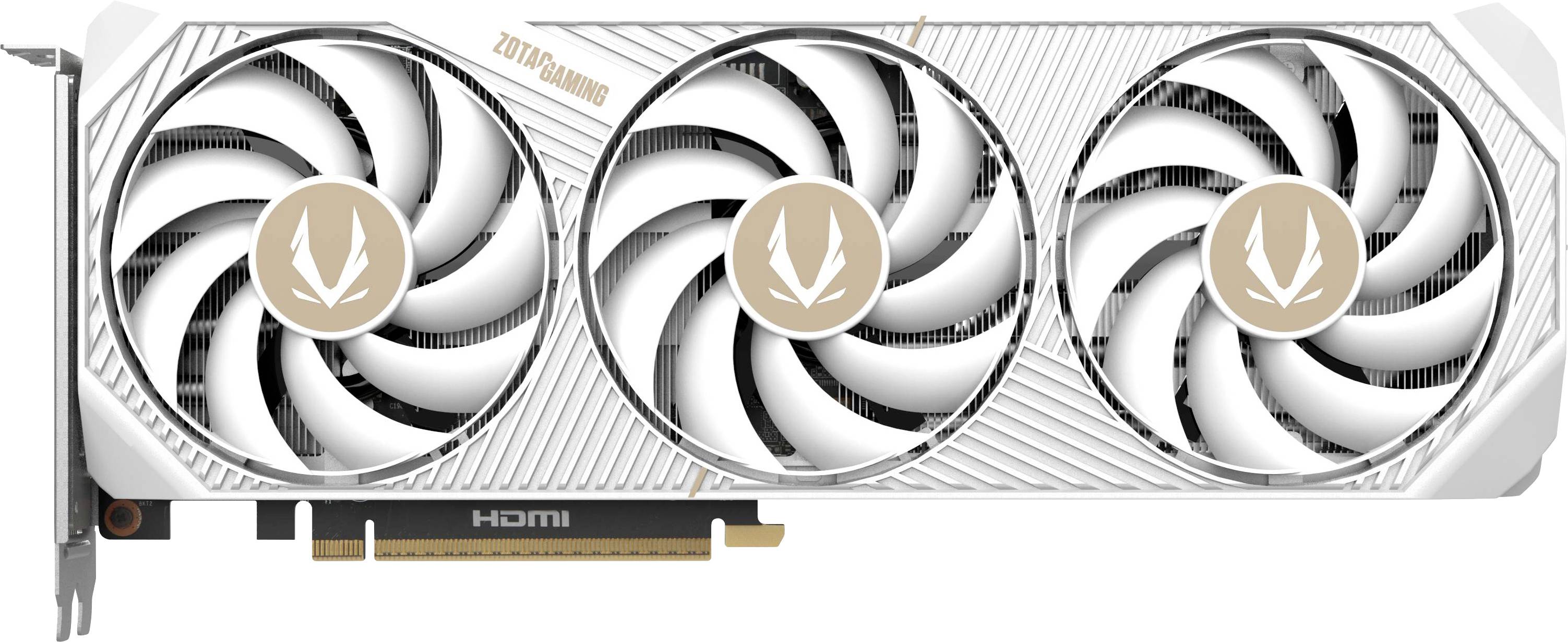 Eine weiße Grafikkarte mit drei Lüftern und goldenen Akzenten.