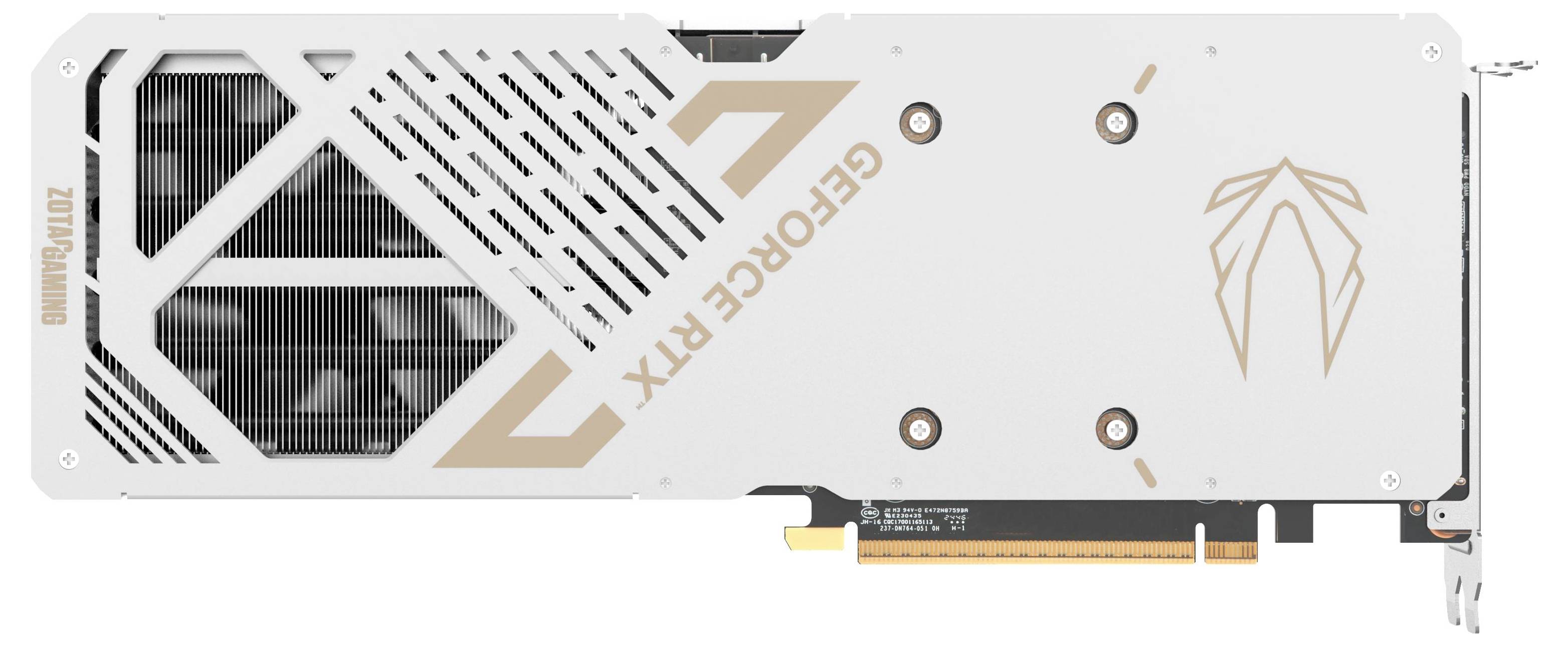 Weiße Grafikkarte mit der Aufschrift 'GEFORCE RTX' und stilisiertem Logo. Hauptmerkmal ist das industrielle Design mit Lüfterschlitzen.