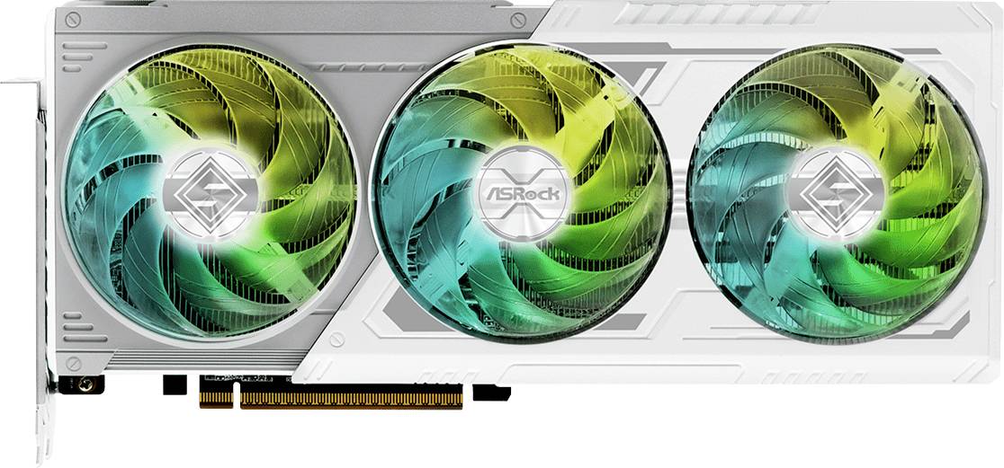 Weiß-graue Grafikkarte von ASRock mit drei großen Lüftern, die grün und blau beleuchtet sind, für Leistung und Kühlung konzipiert.