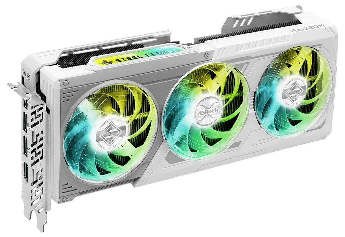 Eine weiße Grafikkarte mit drei Lüftern, LED-Beleuchtung und mehreren Anschlüssen, Modell 'Radeon Board partners'.