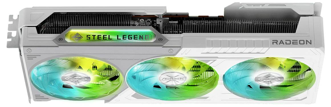 Grafikkarte mit der Aufschrift 'Steel Legend' leuchtet bunt. Drei Lüfter sichtbar. Designed für Radeon-Systeme.