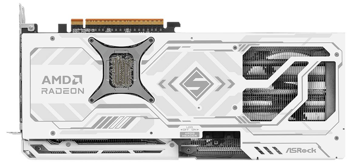 Grafikkarte von ASRock in weißem Design mit Lüftern und kupferfarbenen Anschlüssen, markiert mit 'AMD Radeon'.