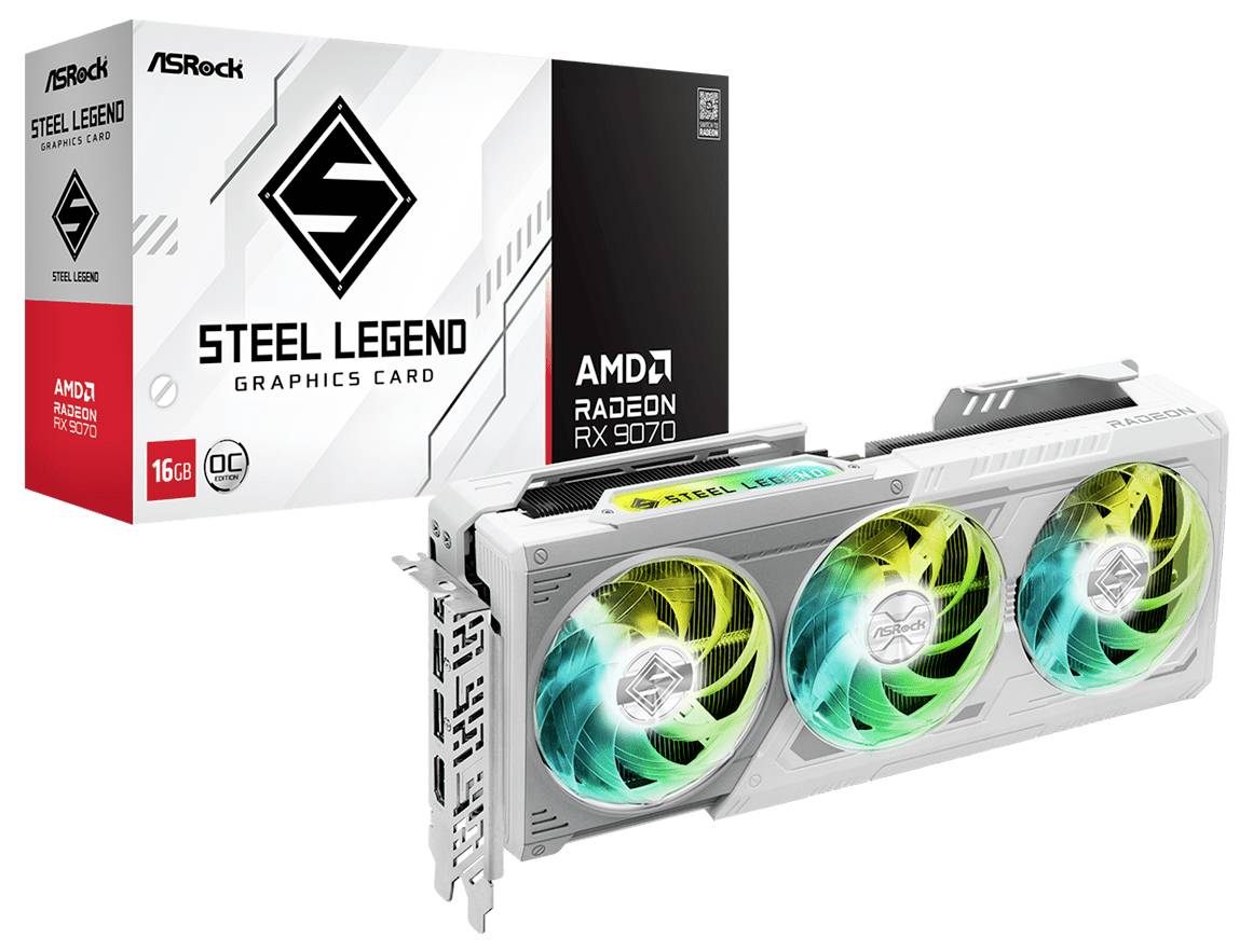 Eine ASRock Steel Legend Grafikkarte, Modell AMD Radeon RX 7900, mit drei beleuchteten Lüftern und Verpackung im Hintergrund.