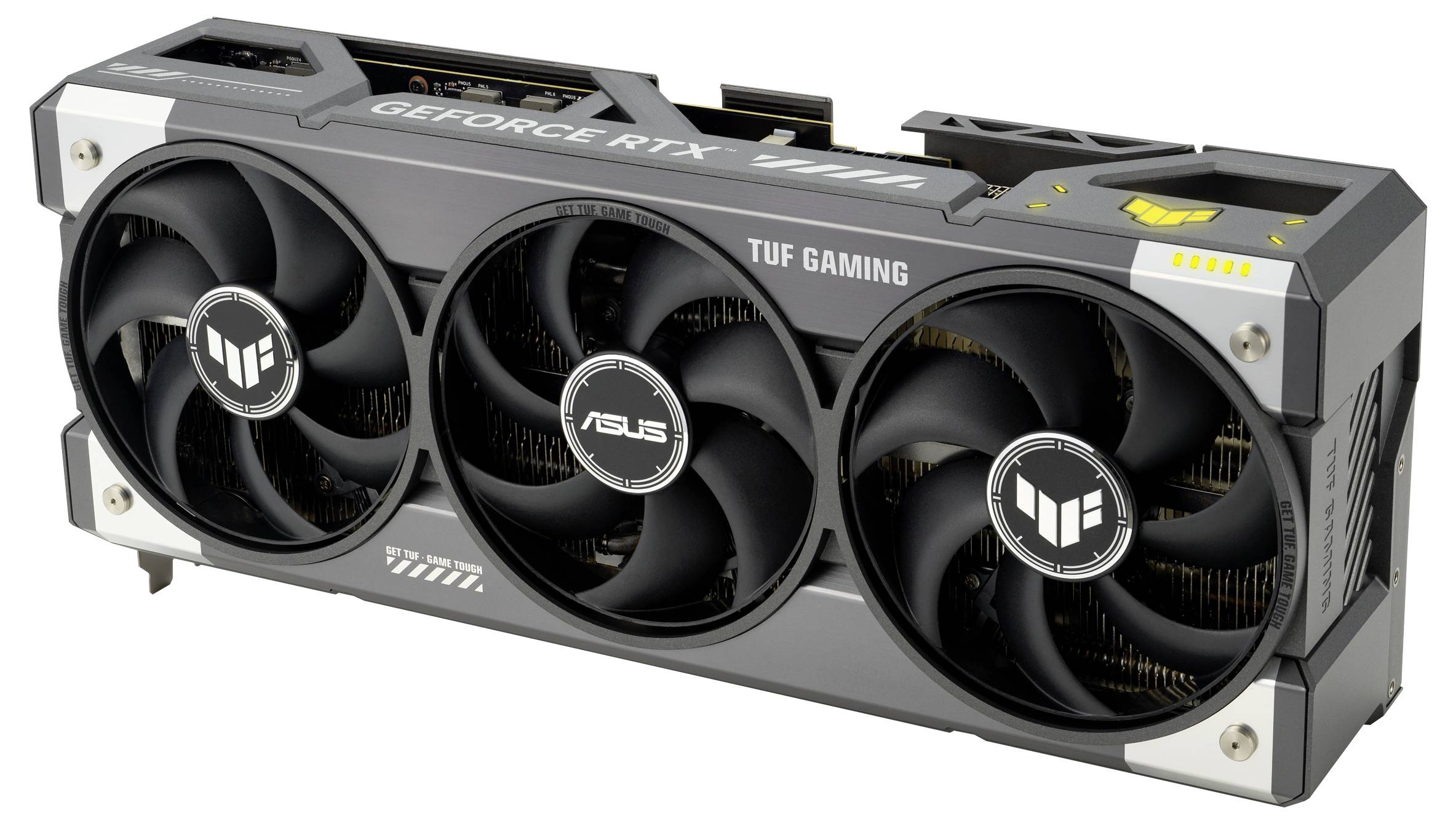 Eine Grafikkarte mit drei Lüftern, Aufschrift 'TUF Gaming' und 'ASUS', Teil der GeForce RTX-Serie.