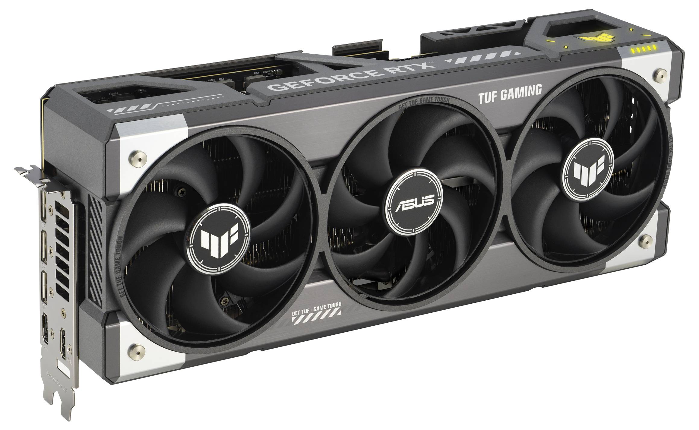 Eine Grafikkarte von Asus mit drei Lüftern und der Aufschrift 'TUF Gaming' und 'GeForce RTX'.