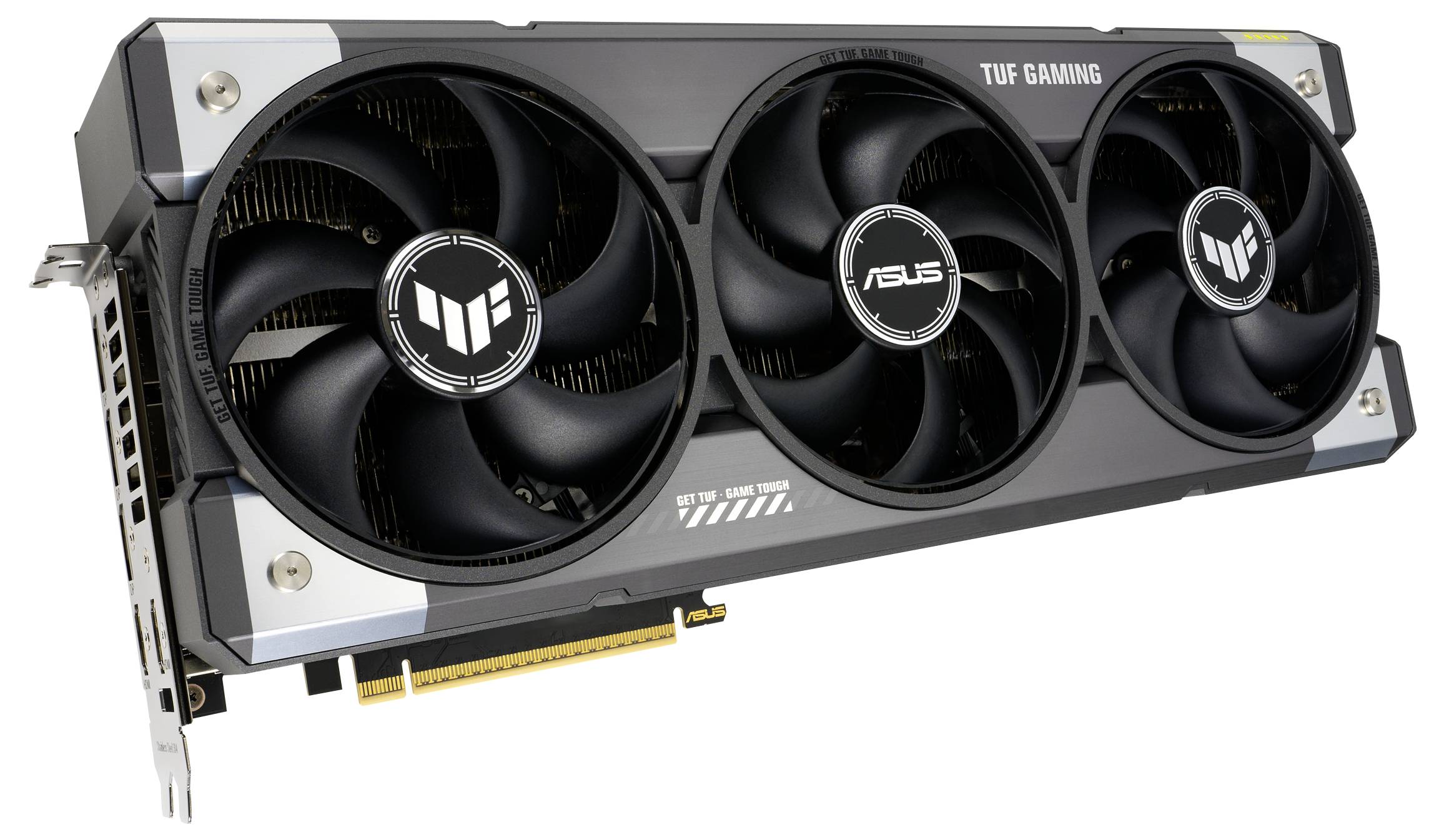 ASUS TUF Gaming Grafikkarte mit drei Lüftern, robustem Design und PCIe-Anschluss; geeignet für leistungsstarke Gaming-Anwendungen.