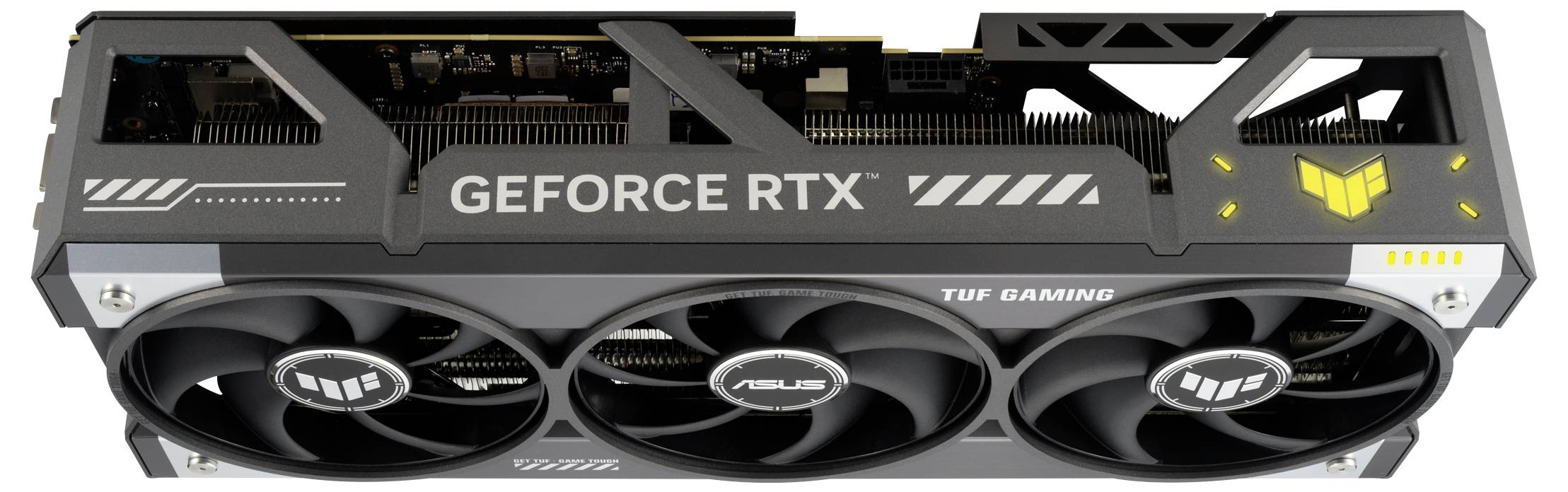Grafikkarte ASUS TUF Gaming GeForce RTX mit drei Lüftern und TUF-Logo, für leistungsstarkes Gaming und Grafikverarbeitung.