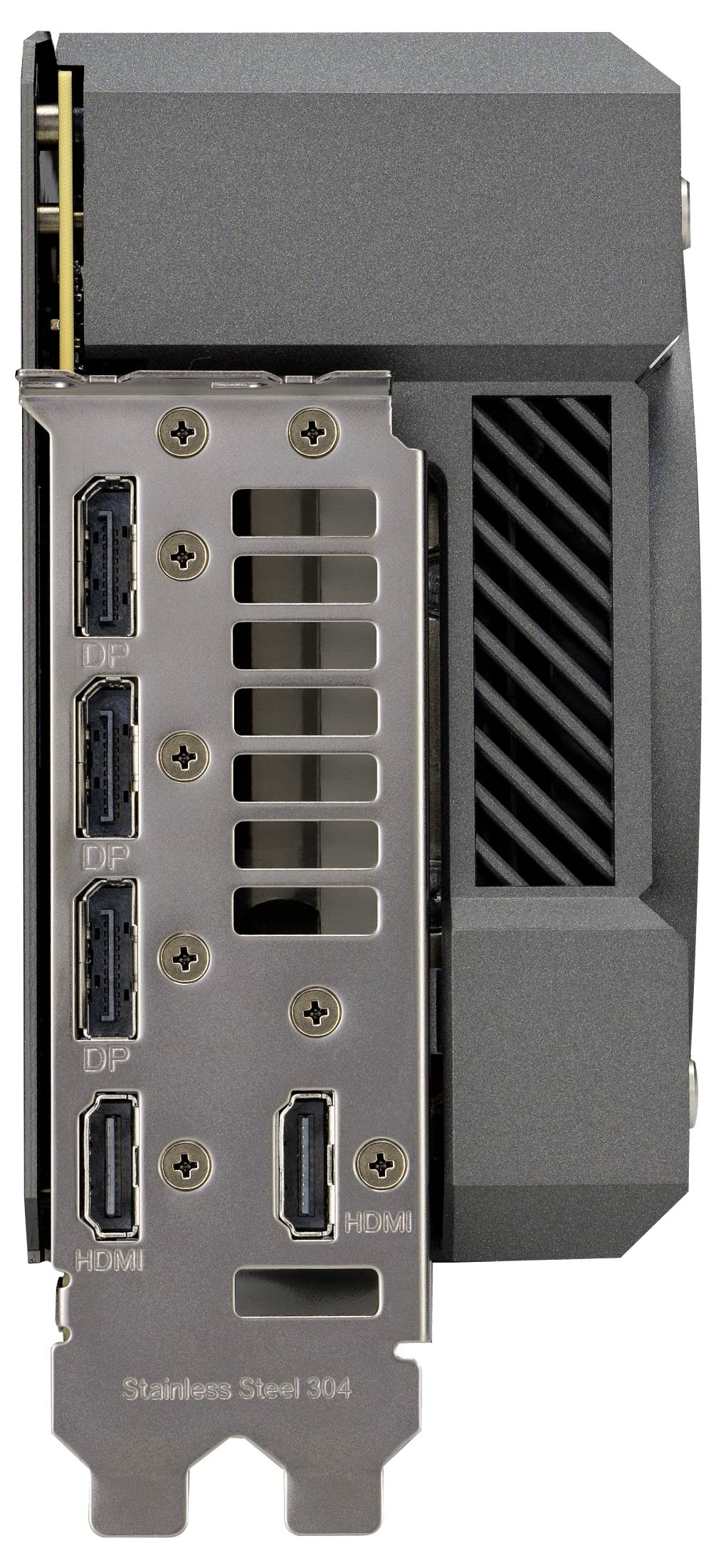 Eine Grafikkarte mit drei DisplayPort-Anschlüssen und einem HDMI-Anschluss. Das Gehäuse ist aus Edelstahl gefertigt.