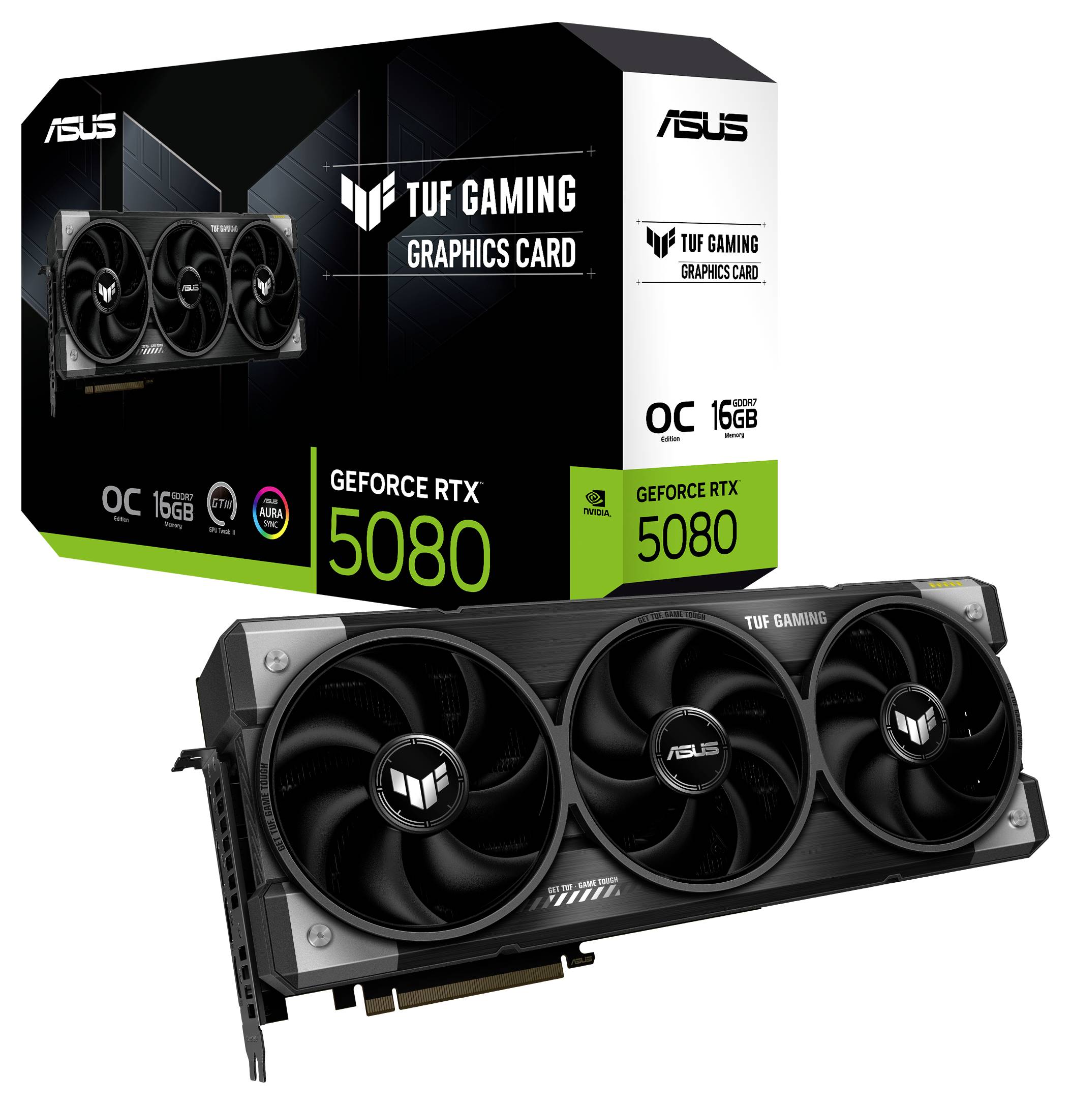 Abbildung zeigt eine ASUS TUF Gaming GeForce RTX 5080 Grafikkarte neben ihrer Verpackung mit der Aufschrift '16GB OC'.