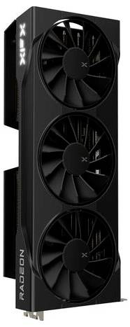 Eine schwarze Grafikkarte mit drei Lüftern und dem Schriftzug 'RADEON' an der Seite.