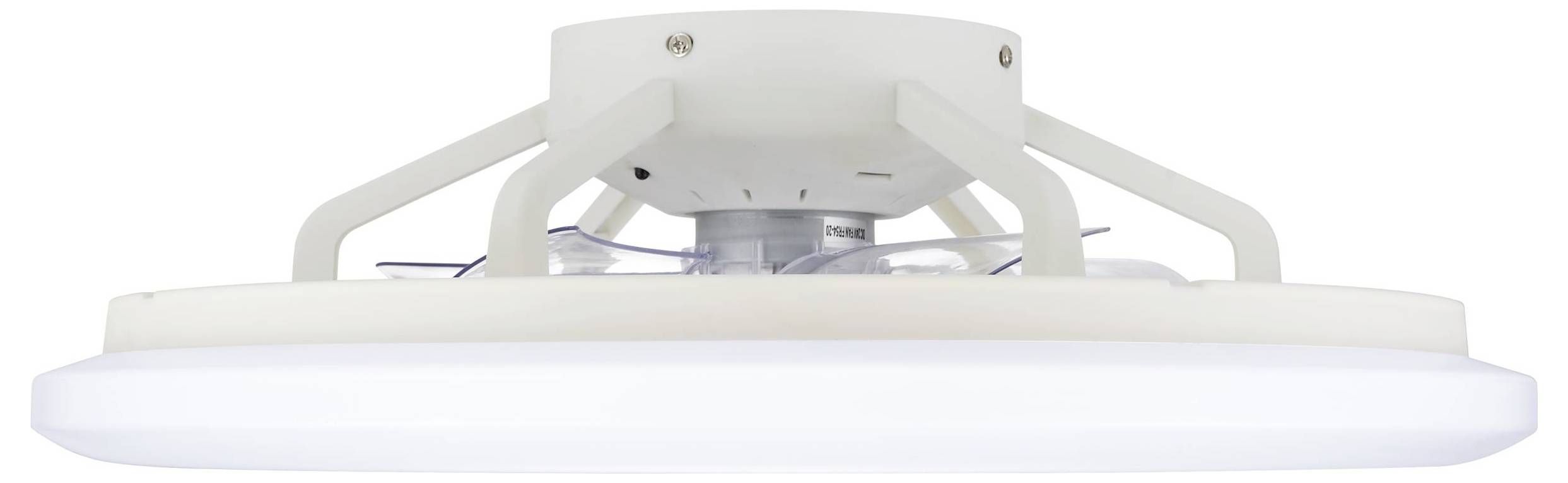 Weiße, runde LED-Deckenleuchte mit sichtbarer Halterung und Kabeln, von unten betrachtet.