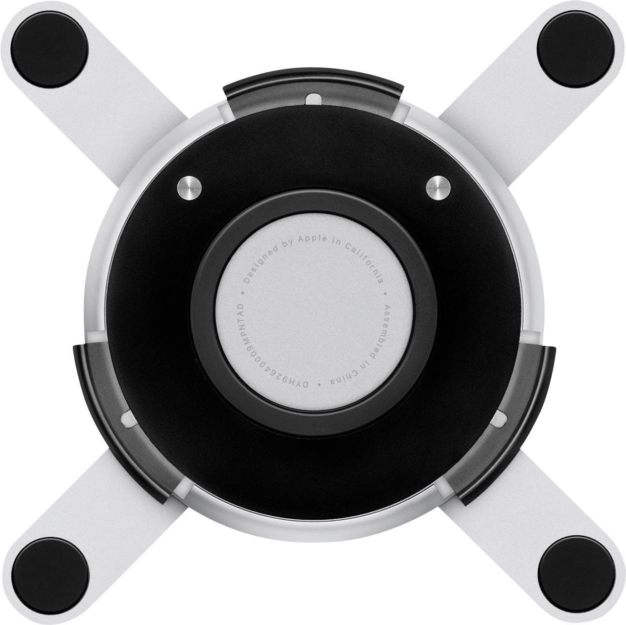 Ein kreisförmiges, mechanisches Gerät mit vier ausklappbaren Armen, vermutlich ein Standfuß oder Halterung, aus silbernem Metall.