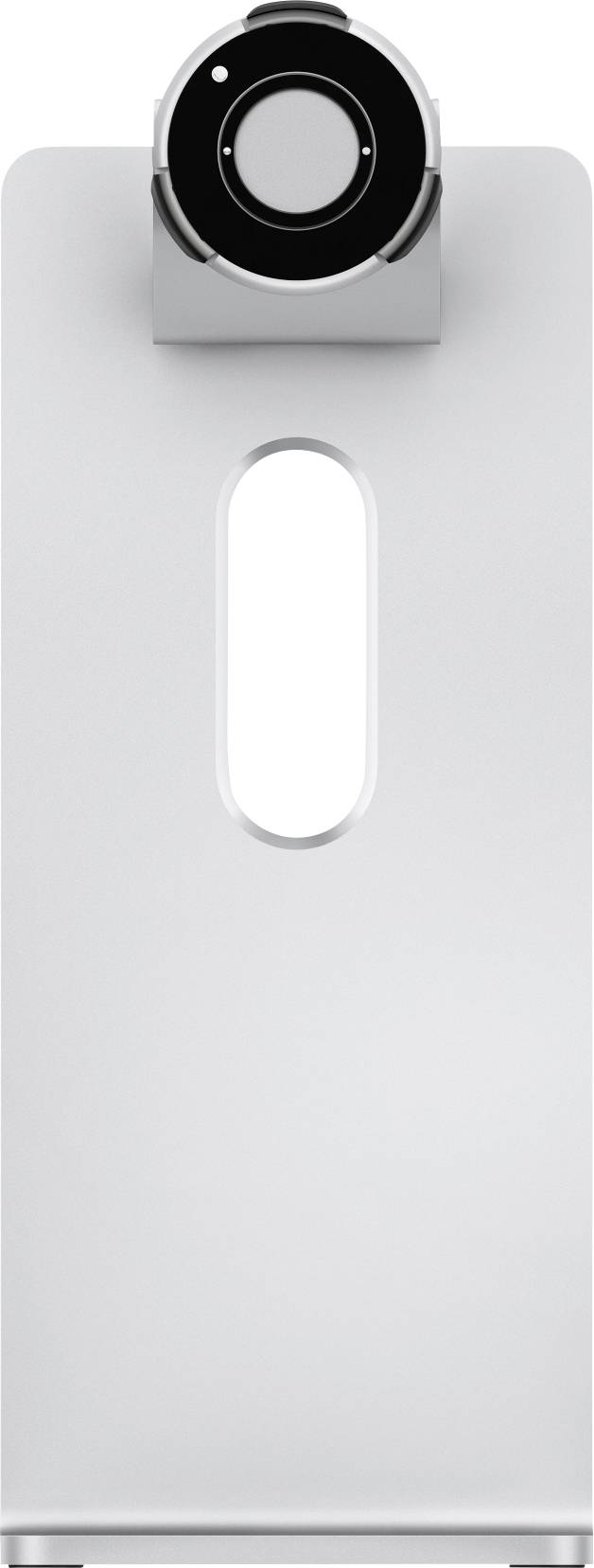 Ein silberner Monitorständer mit einem ovalen Durchführungsschlitz in der Mitte und einer schwarzen Halterung oben zur Befestigung.