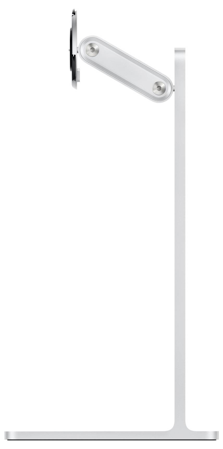 Seitenansicht eines modernen, silbernen Monitorständers mit schlankem, minimalistischen Design und einstellbarer Halterung oben.