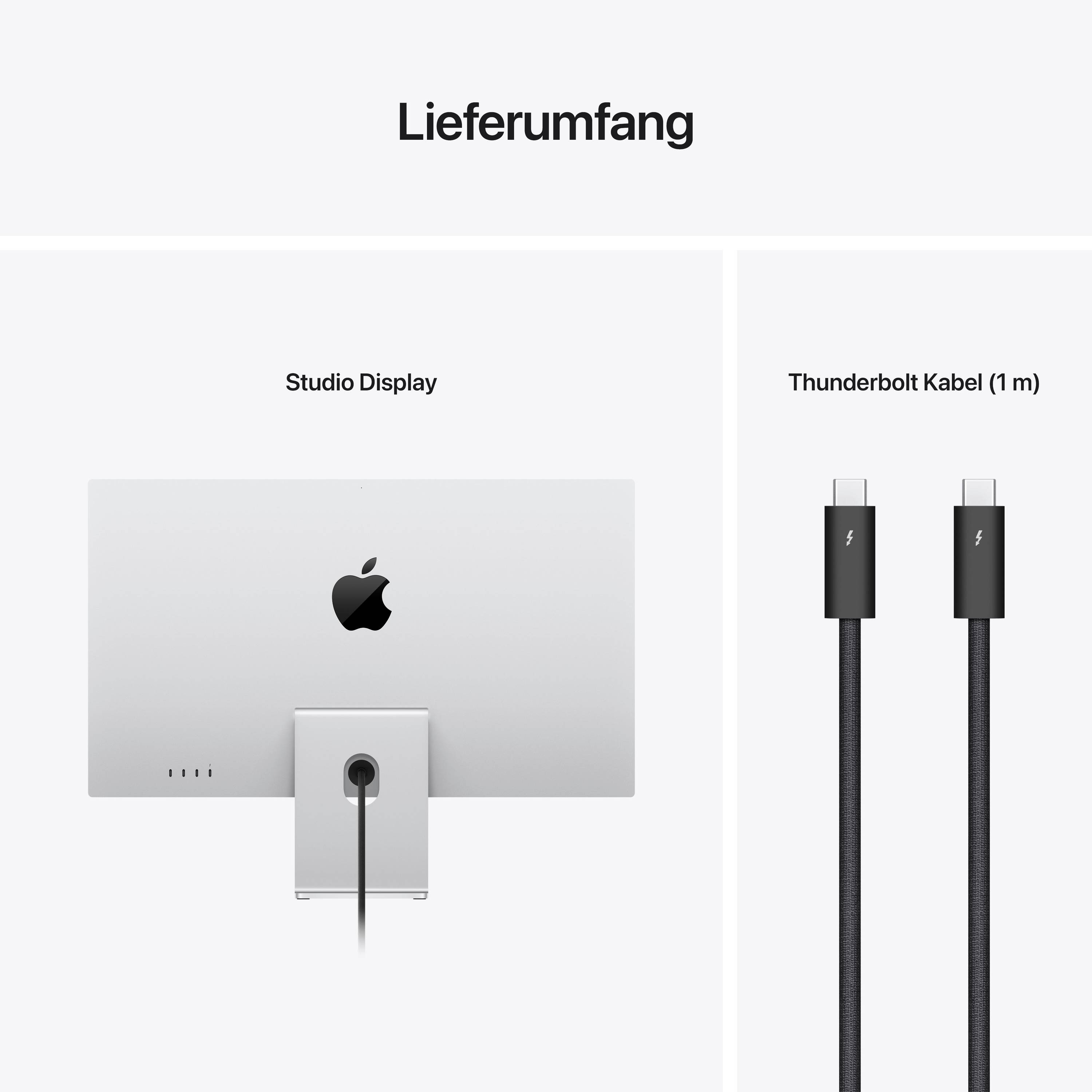 'Lieferumfang' zeigt Rückseite eines Studio-Displays und ein Thunderbolt-Kabel (1 m) auf weißem Hintergrund.