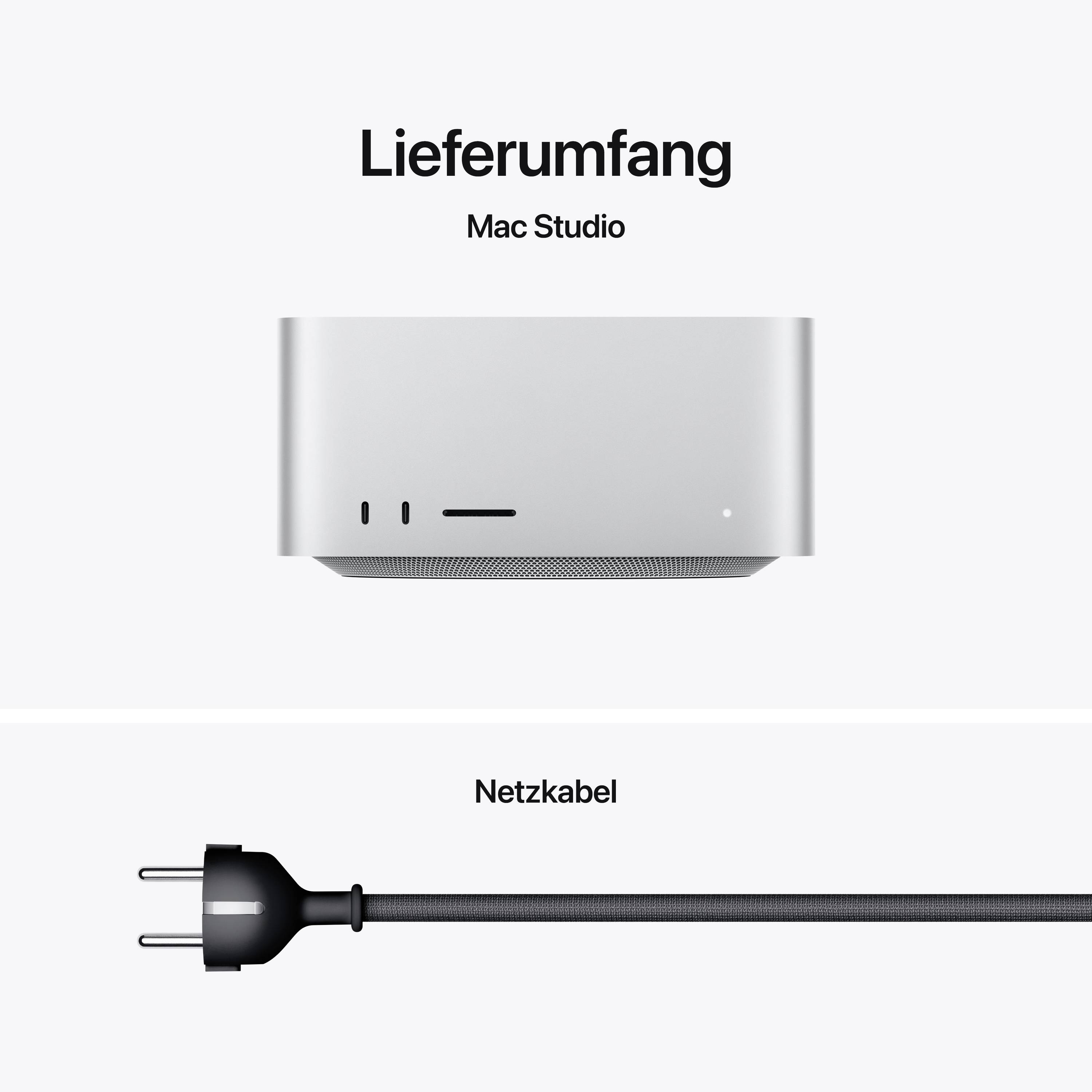 Abgebildet sind ein Computer und ein Netzkabel unter der Überschrift 'Lieferumfang Mac Studio'.