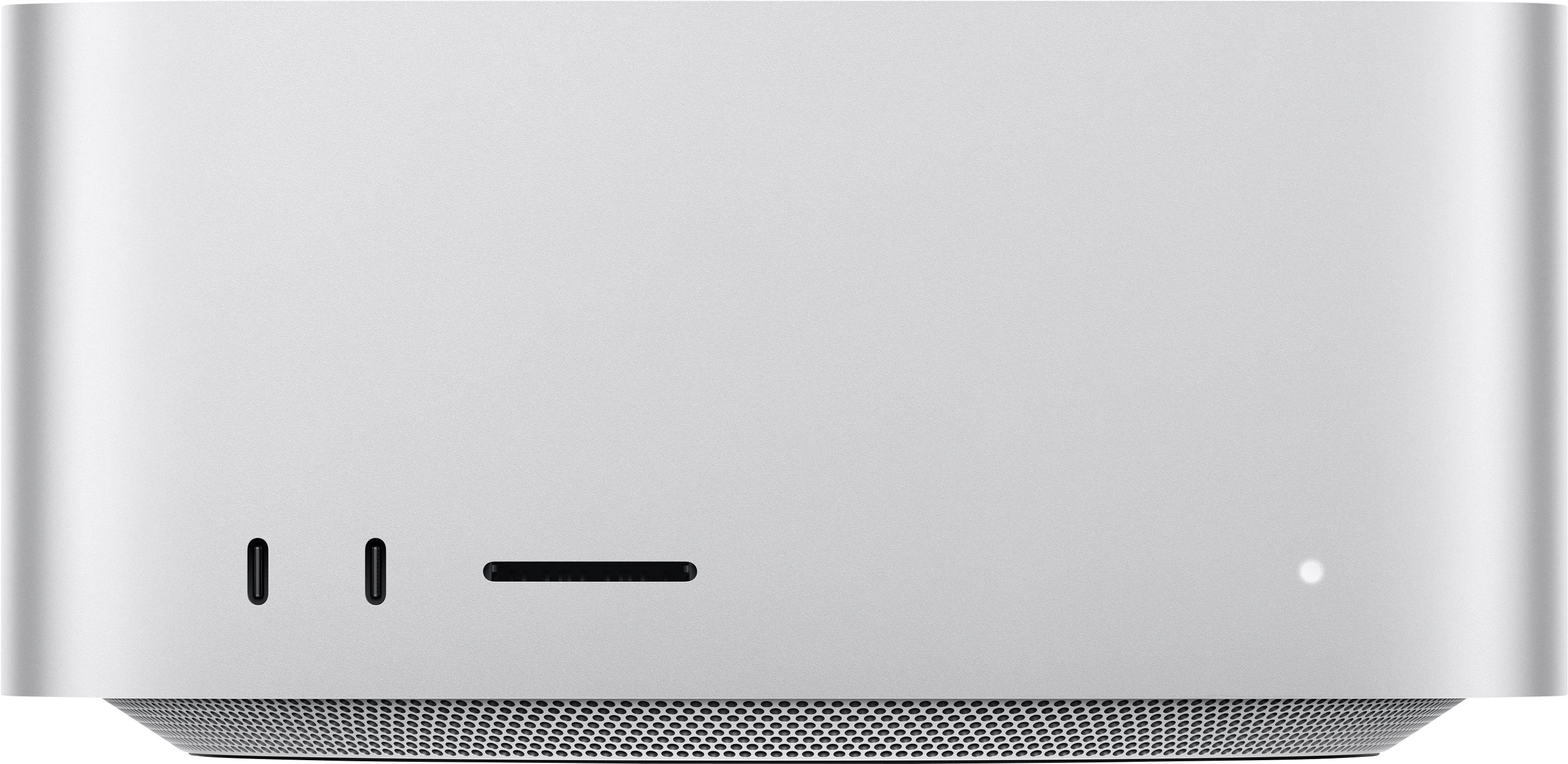 Das Bild zeigt die Vorderseite eines silbernen Computerturms. Links befinden sich einige Anschlüsse; rechts leuchtet ein kleines Licht.