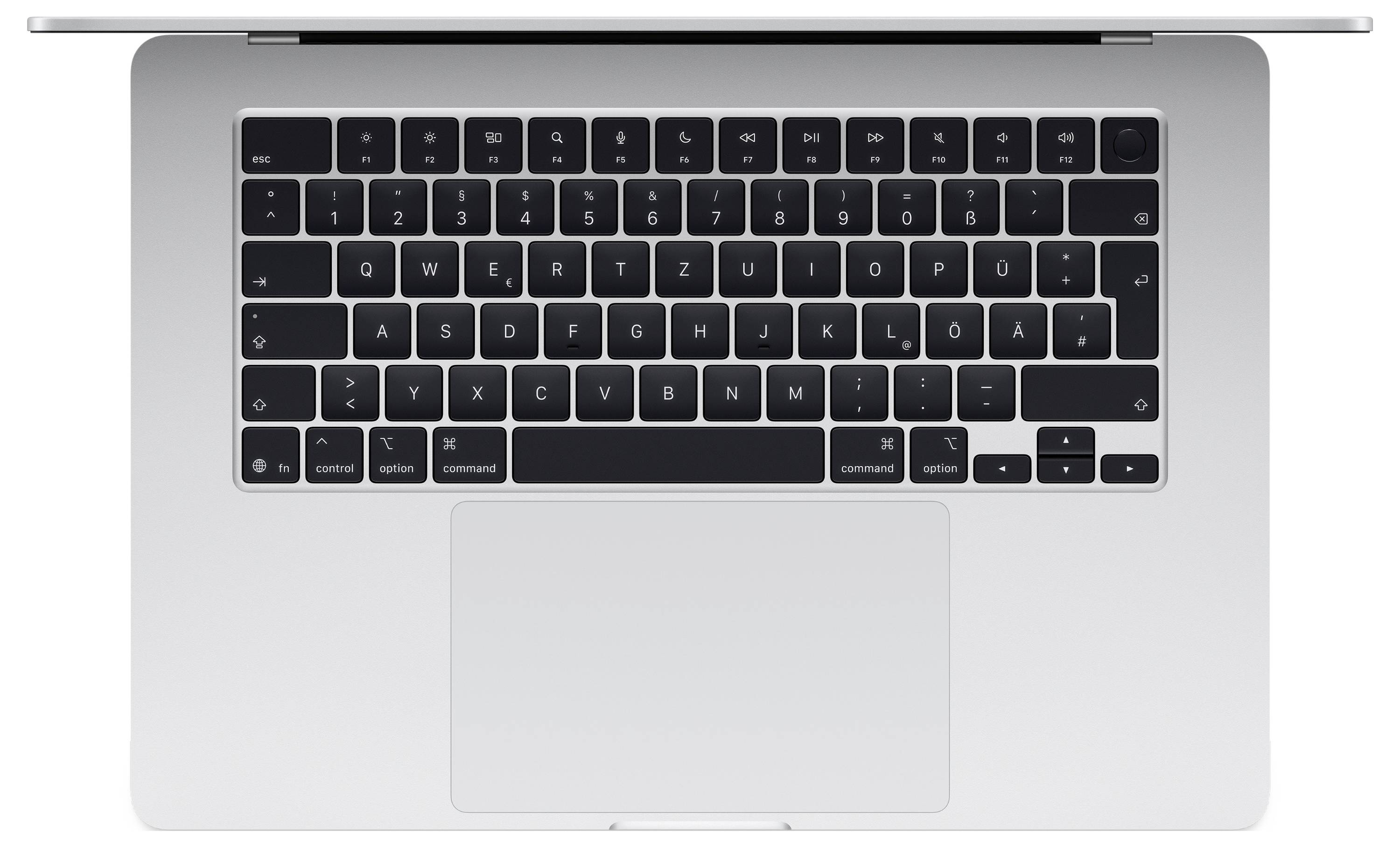 Bild eines Laptops von oben, das die QWERTZ-Tastatur und das Touchpad zeigt.