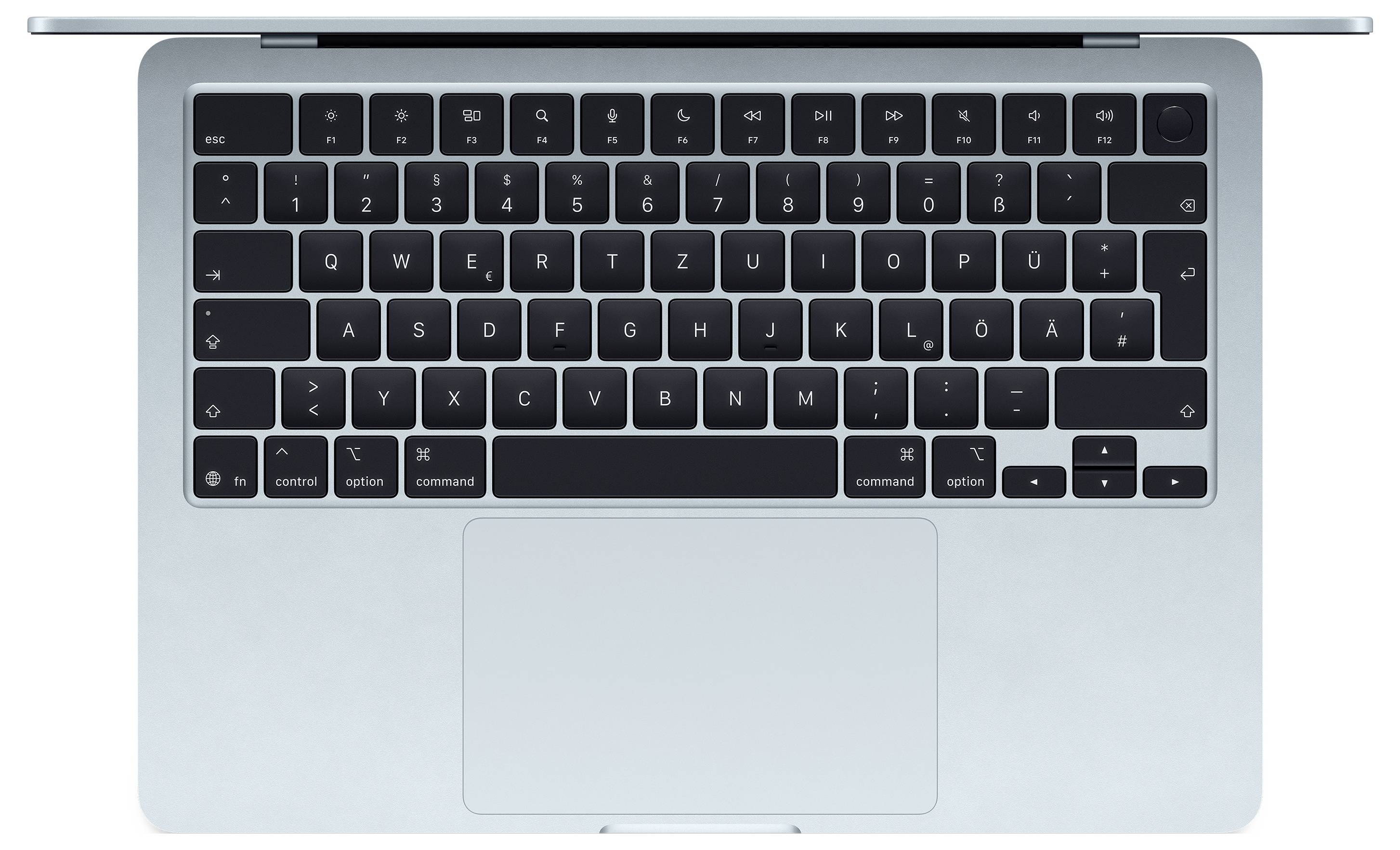 Tastatur eines Laptops mit QWERTZ-Layout, obere Ansicht, zeigt deutsche Tastenanordnung. Touchpad und schwarzes, kompaktes Design.