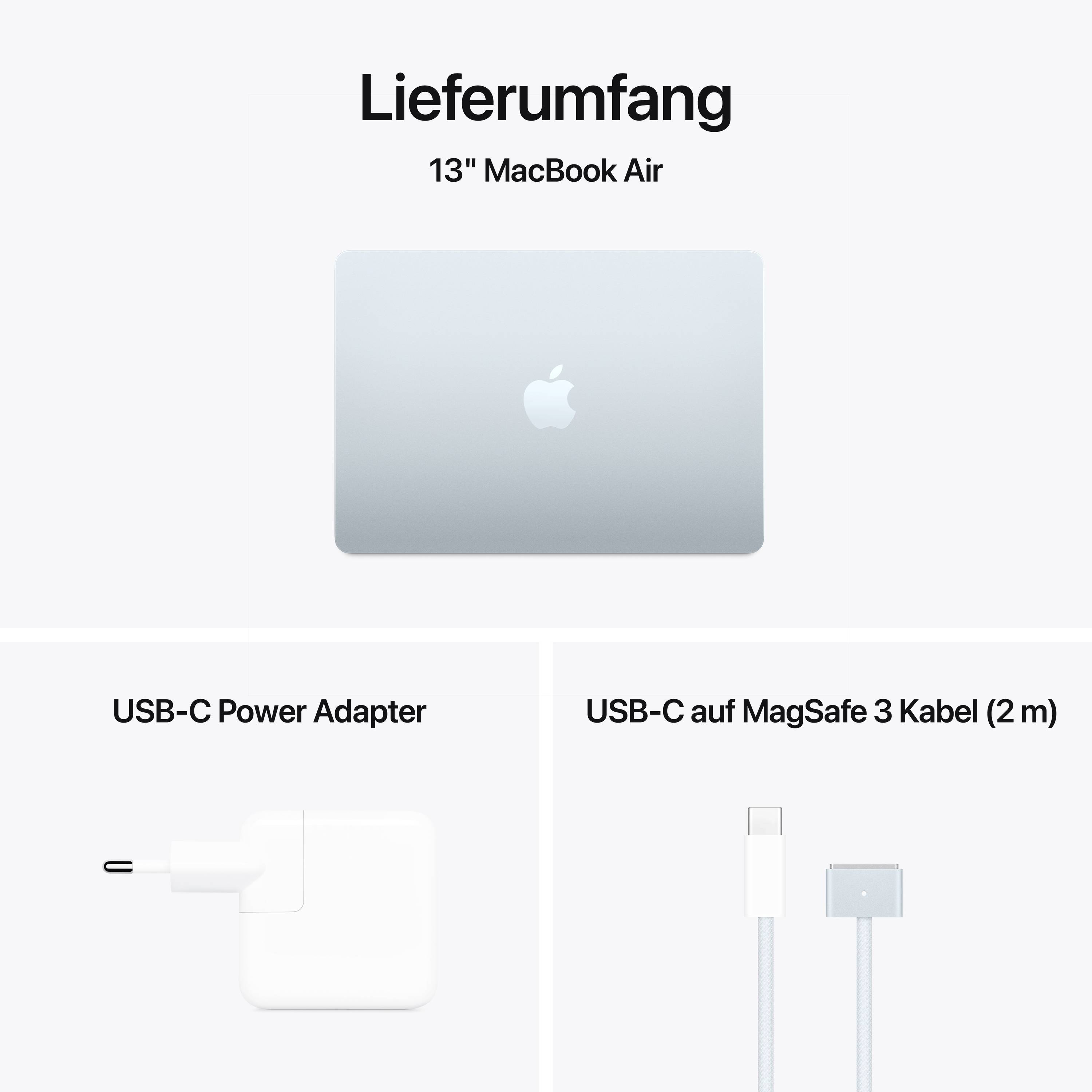 Lieferumfang eines 13-Zoll MacBook Air mit MacBook, USB-C Power Adapter und USB-C auf MagSafe 3 Kabel (2 m).