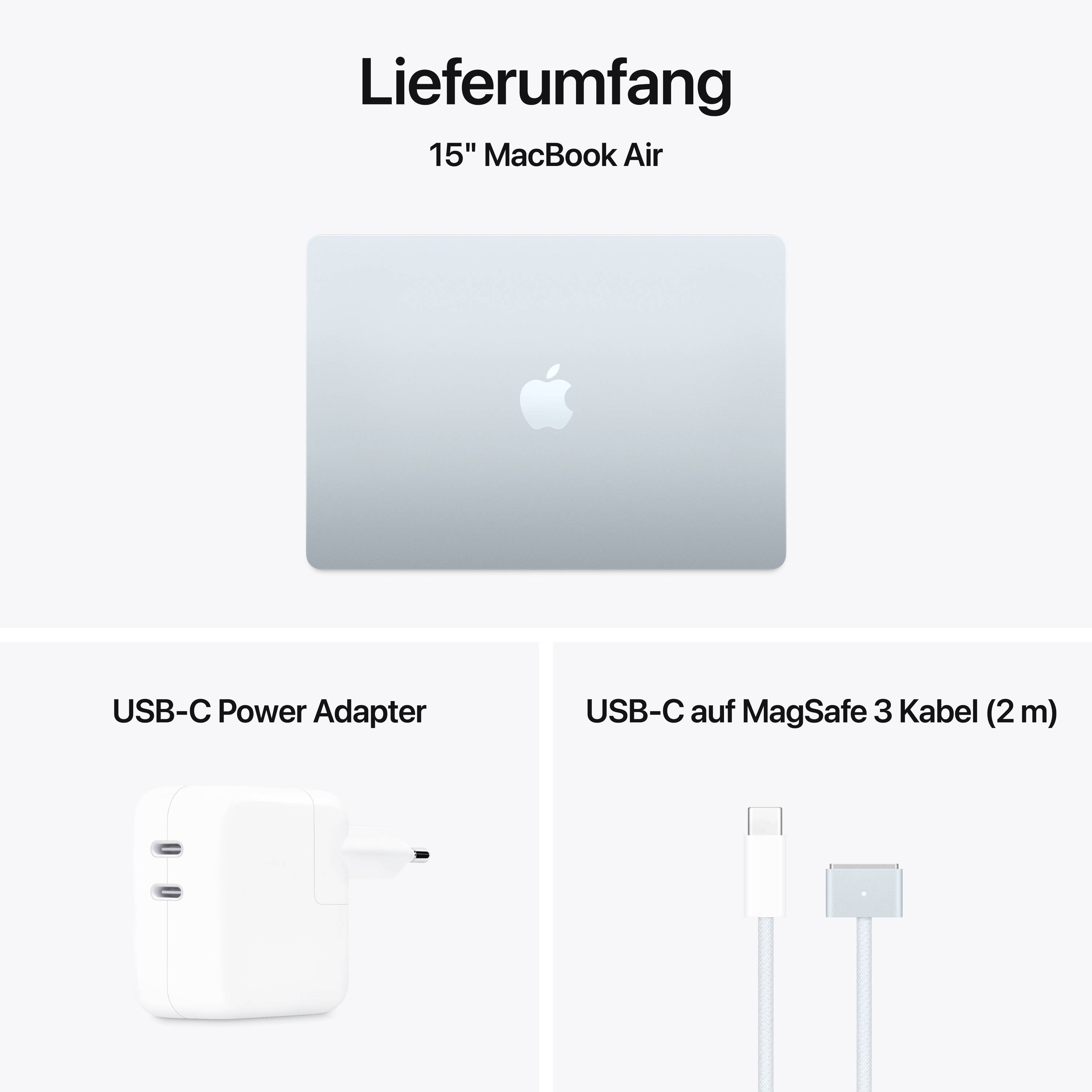 Laptop-Abbildung mit Zubehör: 15'' MacBook Air, USB-C Power Adapter, USB-C auf MagSafe 3 Kabel (2 m). Text 'Lieferumfang' oben.