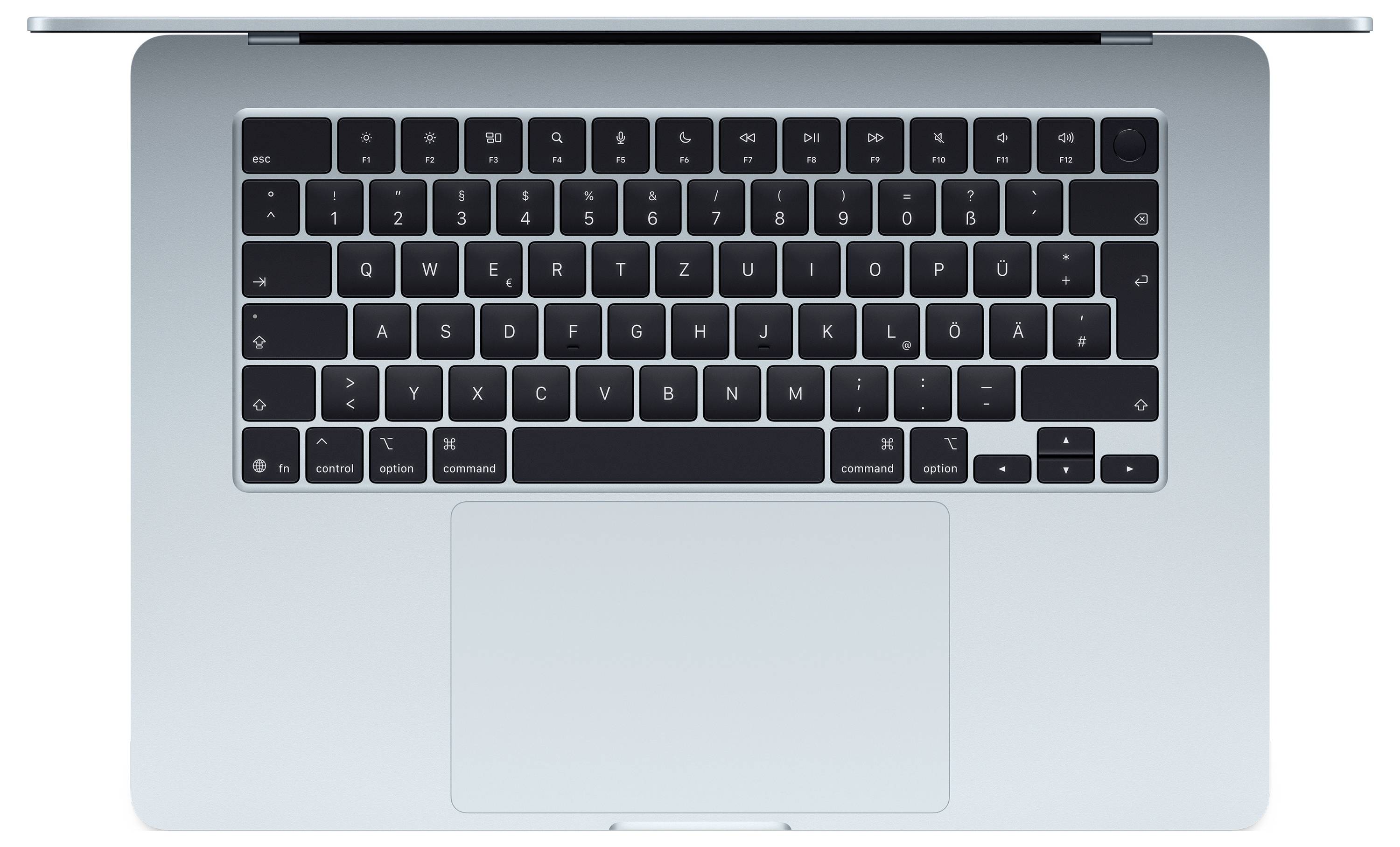 Laptop-Tastatur und Touchpad aus der Vogelperspektive, beleuchtete Tasten mit deutschem QWERTZ-Layout.