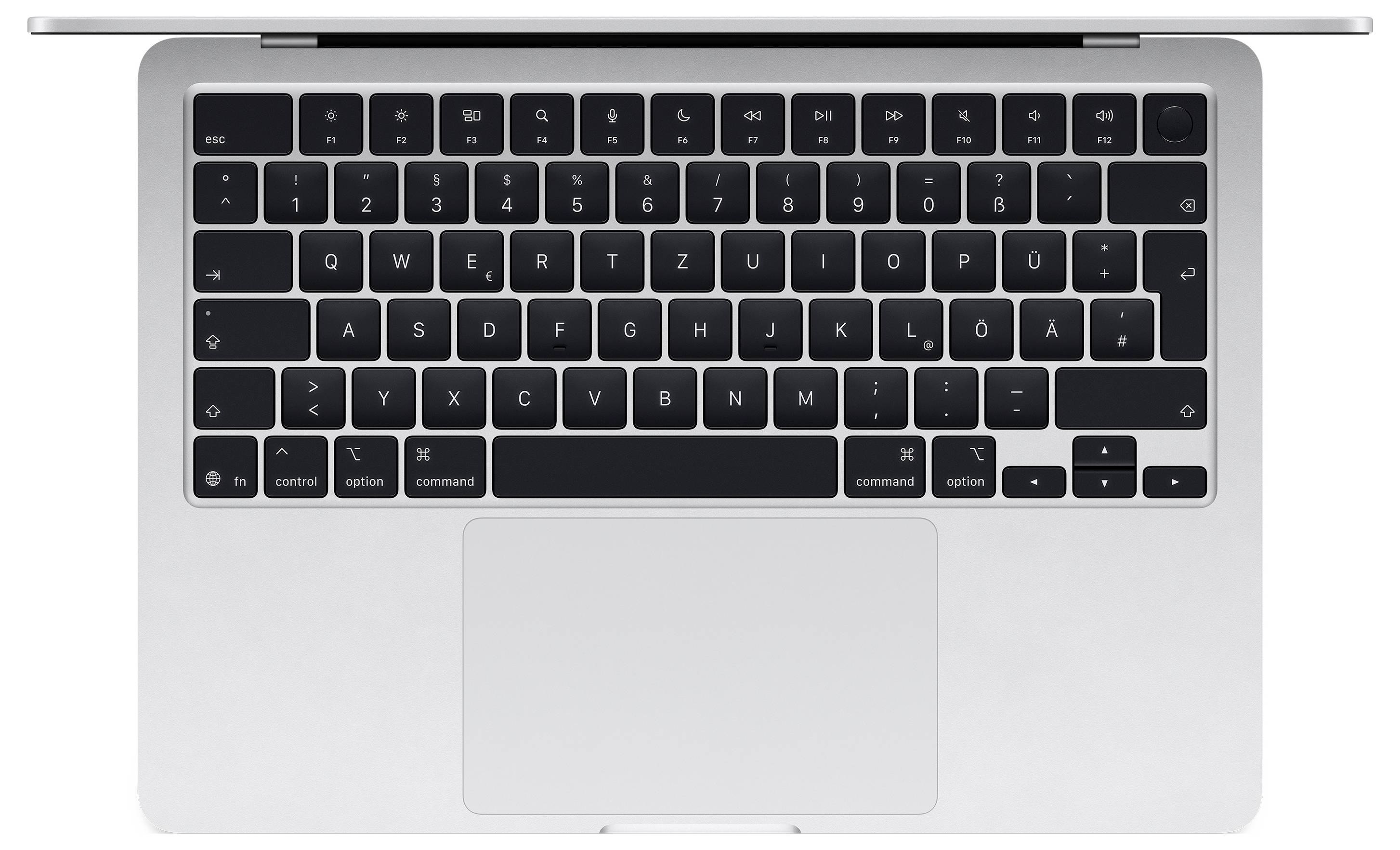 Laptop mit sichtbarer Tastatur aus der Vogelperspektive; Tasten mit deutschem QWERTZ-Layout; zentrales, darunter liegendes Touchpad.