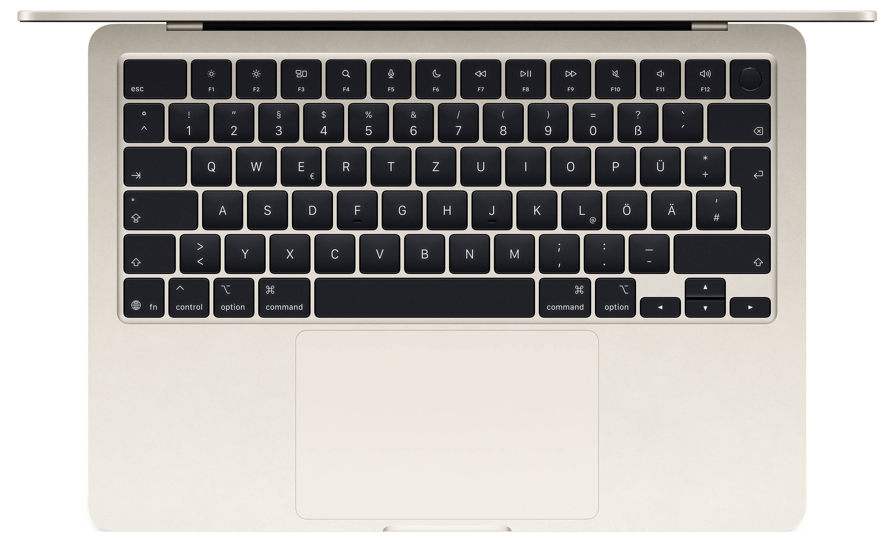 Obenansicht eines Laptops mit schwarzer QWERTZ-Tastatur und Touchpad, Gehäuse in silberner Farbe.