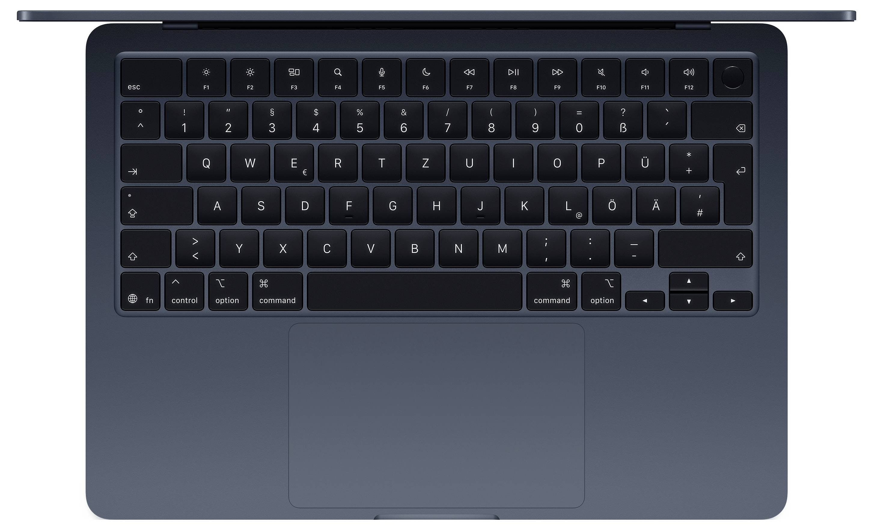 Laptop-Tastatur von oben, QWERTZ-Layout mit deutscher Beschriftung. Trackpad darunter. Gehäuse in dunkler Farbe.