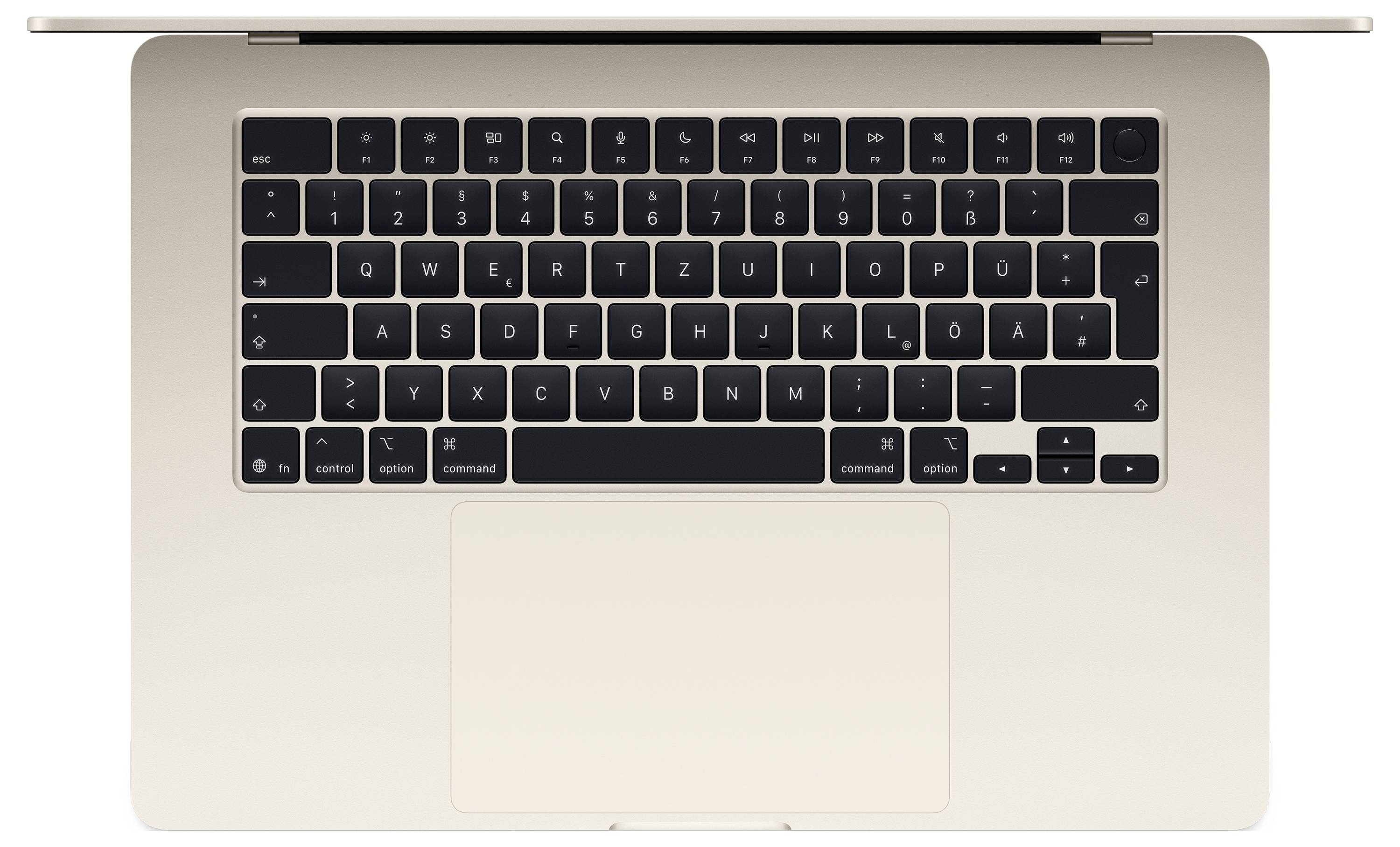 Laptop-Tastatur von oben, deutsches QWERTZ-Layout, schwarzer Hintergrund, silbernes Gehäuse.