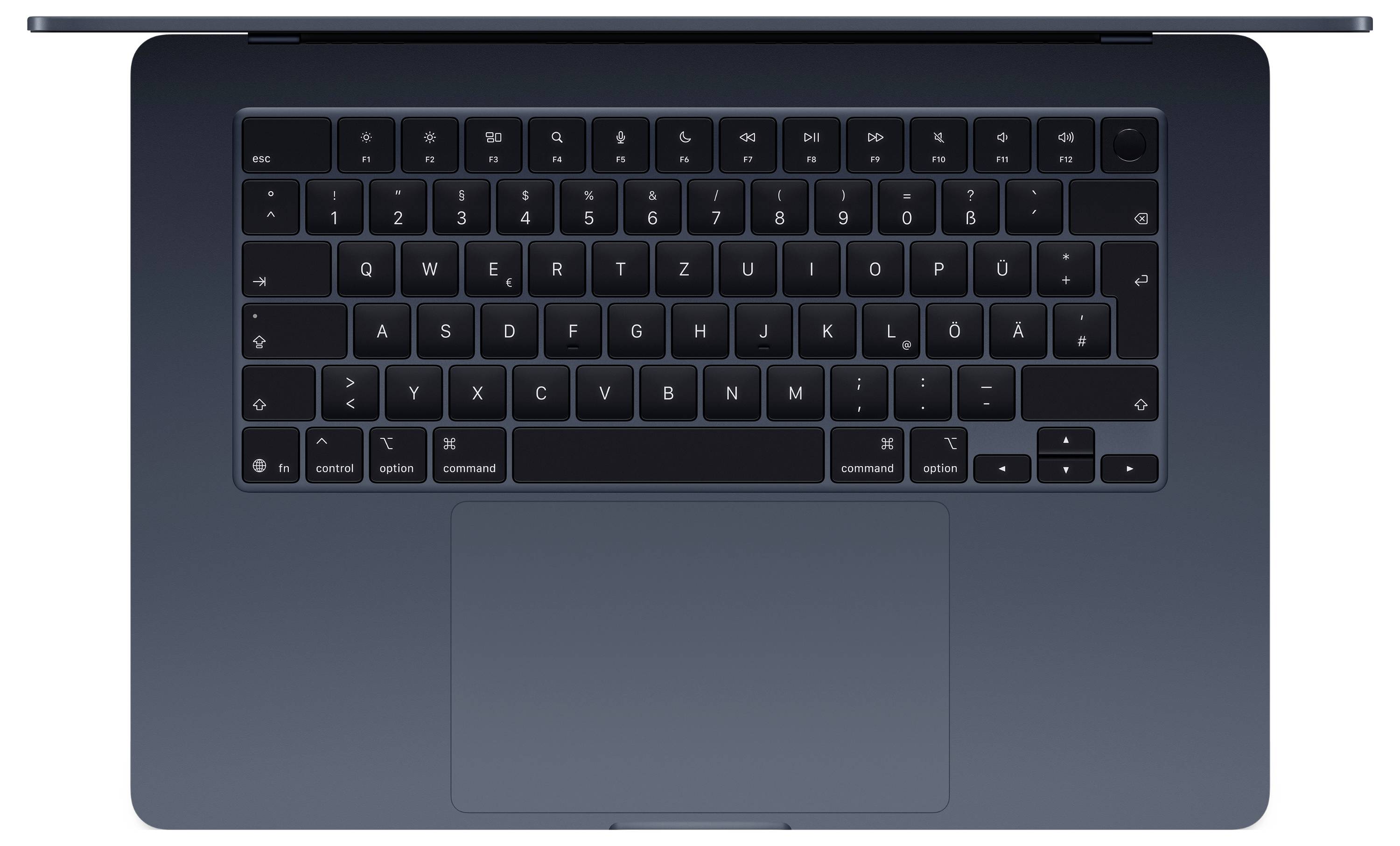 Oberansicht einer Laptop-Tastatur in voller Ansicht, mit schwarzer Tastatur und trackpad. Tasten sind in QWERTZ-Anordnung.