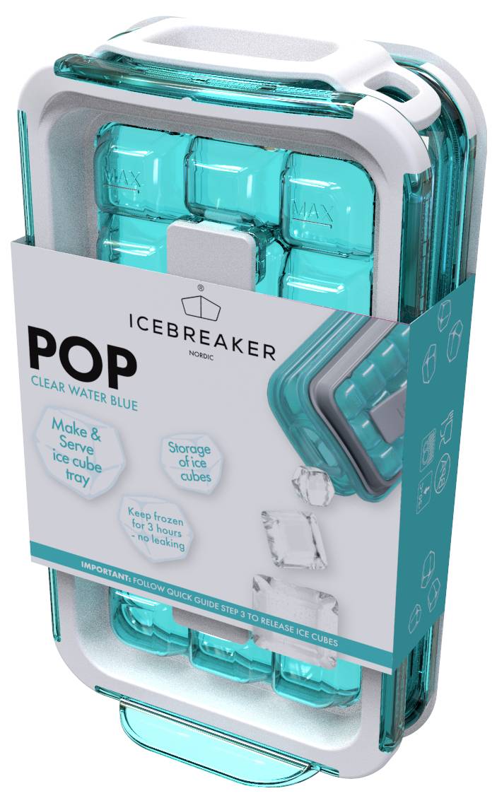 Durchsichtige Eiswürfelform mit blauer Umrandung, Marke 'Icebreaker'. Serviertablett und Aufbewahrung in einem.