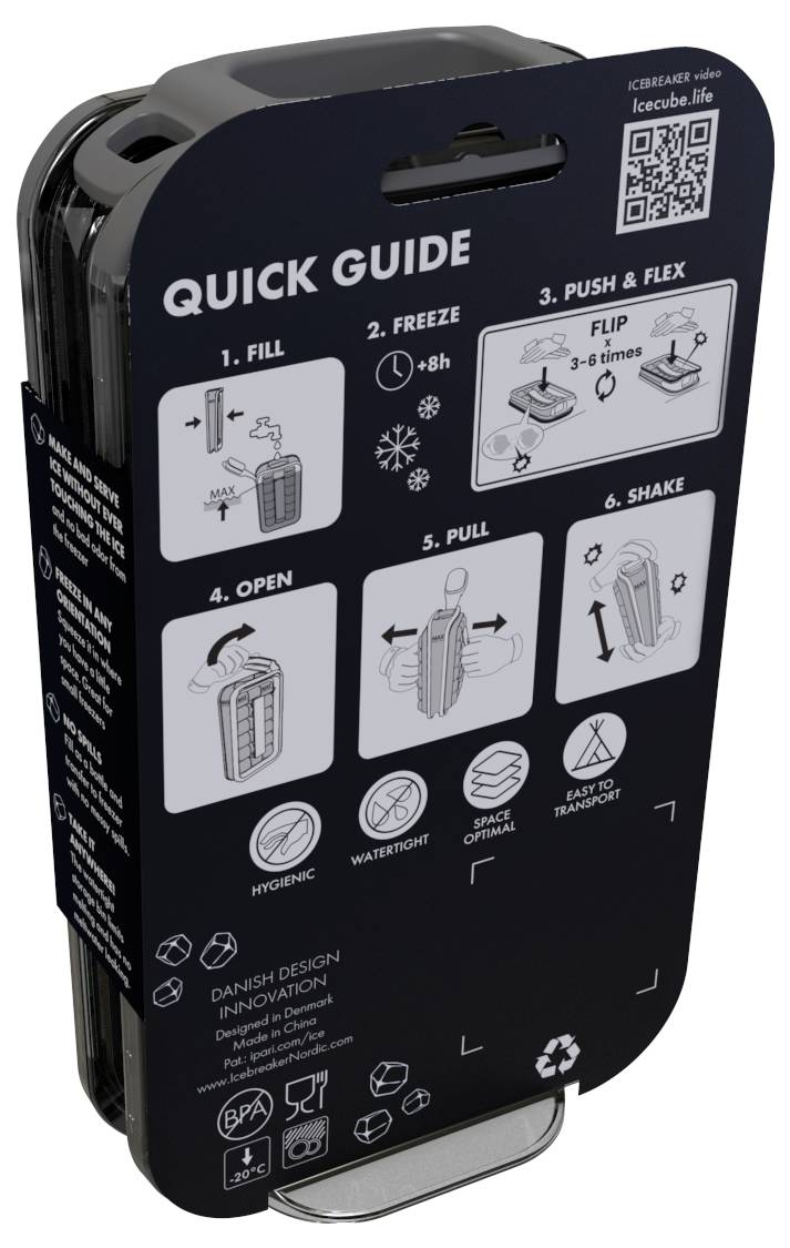 'Quick Guide' für ein Eiswürfelbehälter: 1. Füllen, 2. Gefrieren (8+ Stunden), 3. Drücken und Biegen, 4. Öffnen, 5. Ziehen, 6. Schütteln. BPA-frei, spülmaschinenfest.