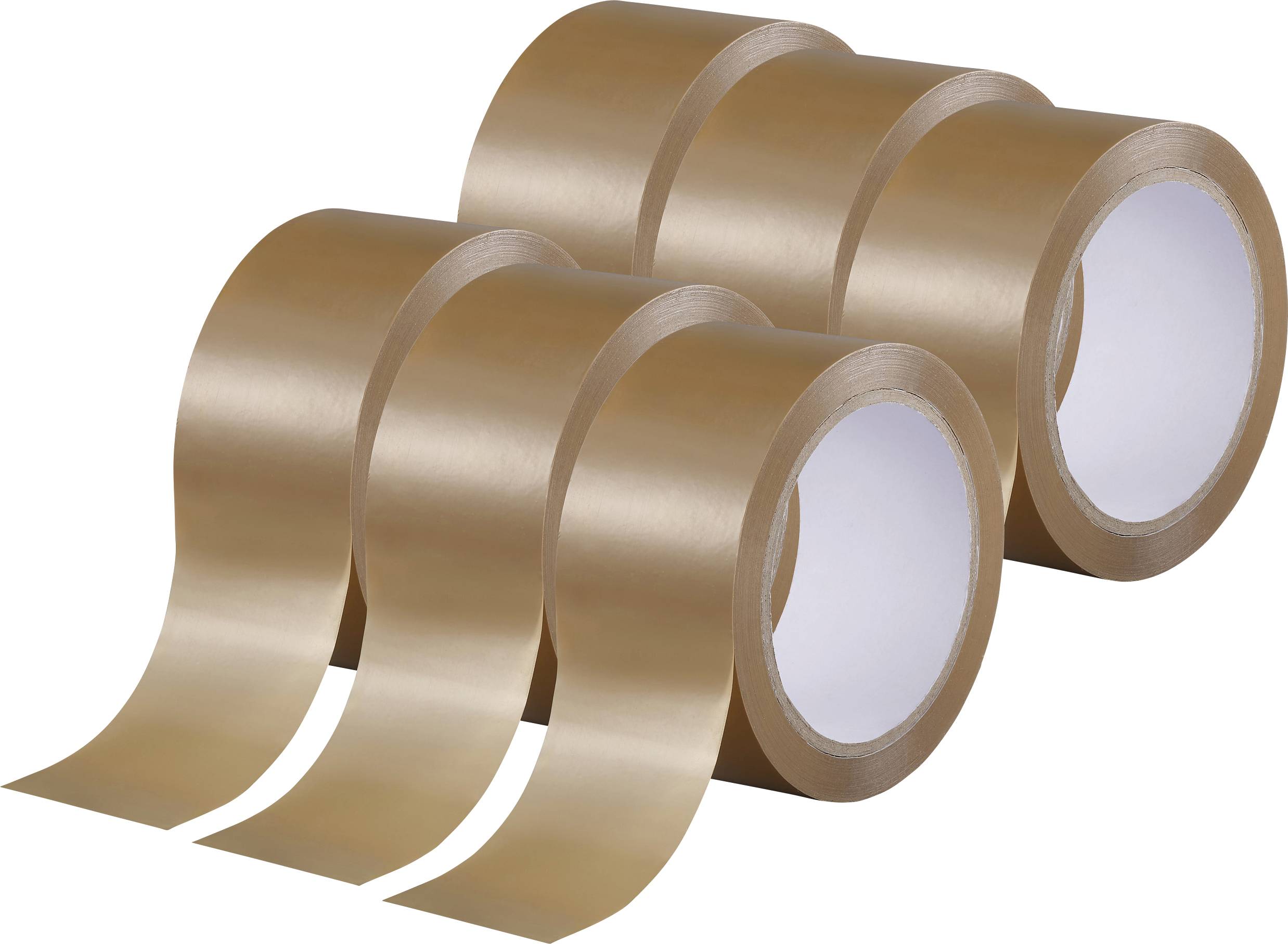 Sechs Rollen braunes Klebeband nebeneinander.