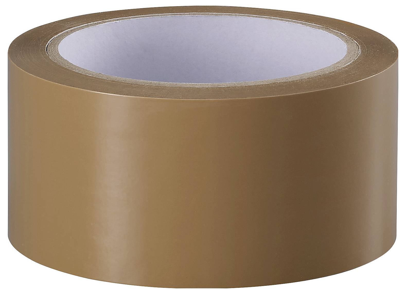 Eine Rolle braunes Klebeband auf weißem Hintergrund.
