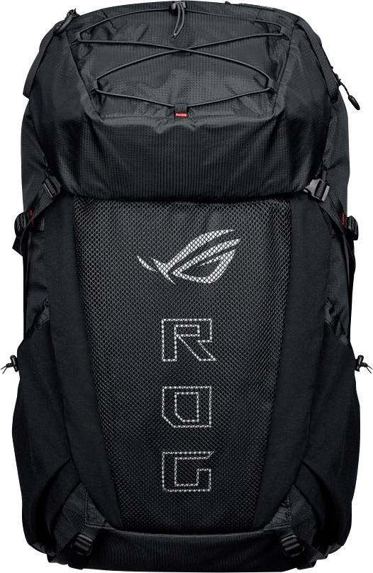 Schwarzer Rucksack mit Logo und 'ROG' Schriftzug auf der Vorderseite.