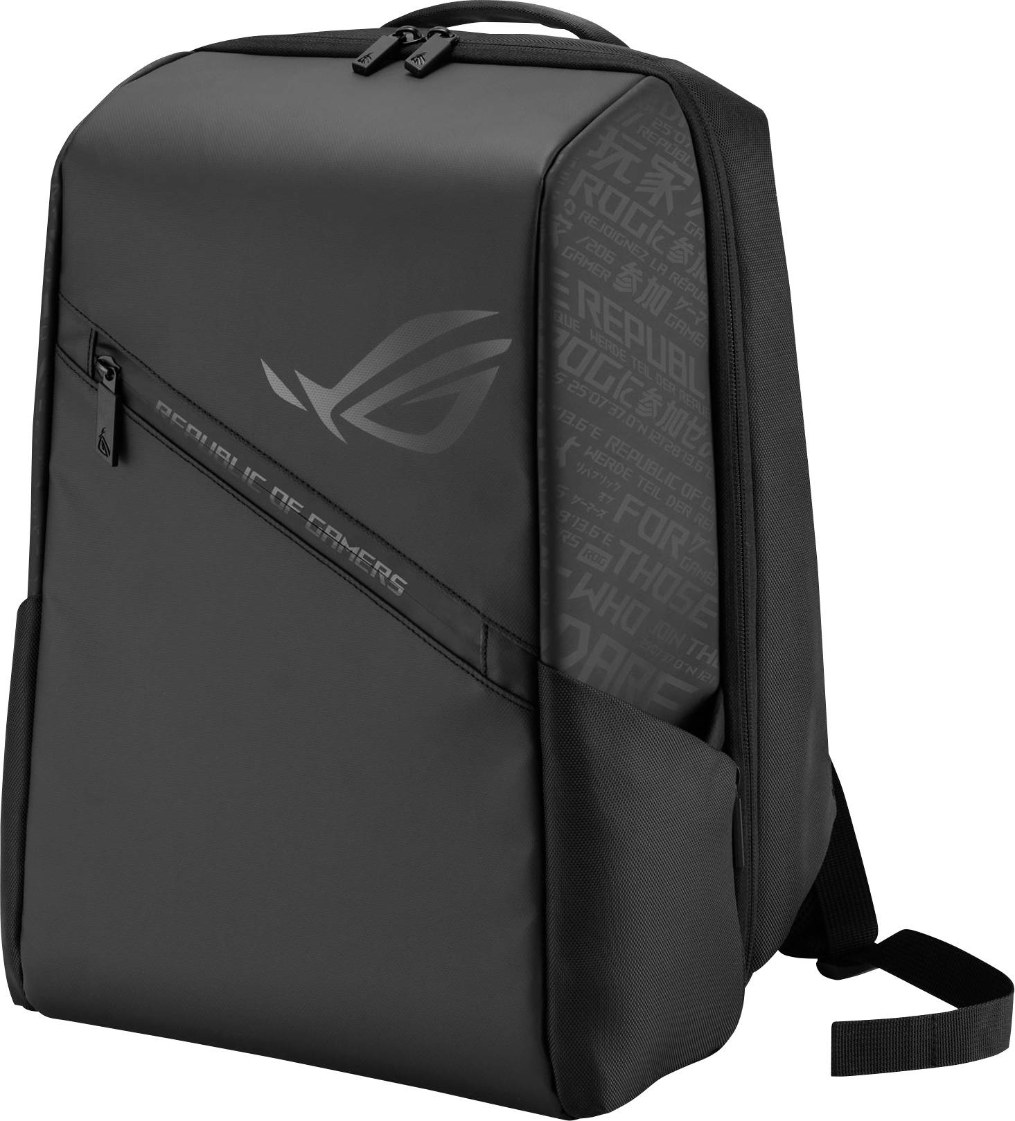 Ein schwarzer Rucksack mit dem Logo und Schriftzug 'Republic of Gamers' auf der Vorderseite, geeignet für Gaming-Zubehör.