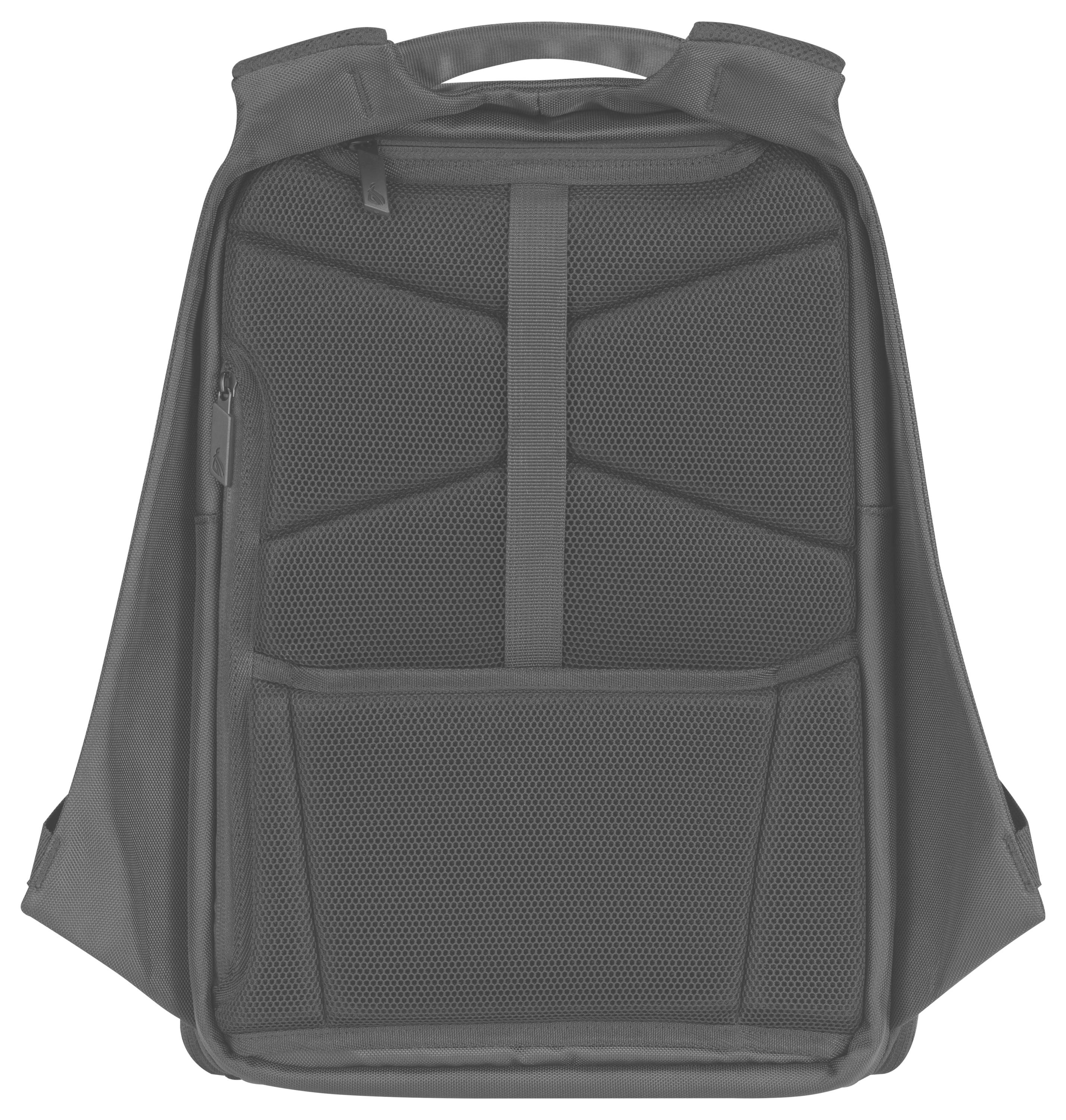 Ein grauer Rucksack mit mehreren Fächern und gepolstertem Rücken wird von hinten gezeigt. Ideal für Reisen oder den täglichen Gebrauch.