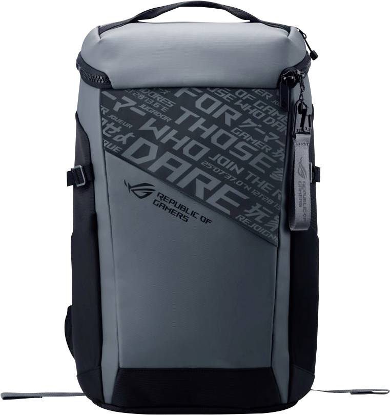 Grau-schwarzer Rucksack mit 'Republic of Gamers'-Logo und Schriftzug. Verfügt über mehrere Fächer und einen Reißverschlussanhänger.