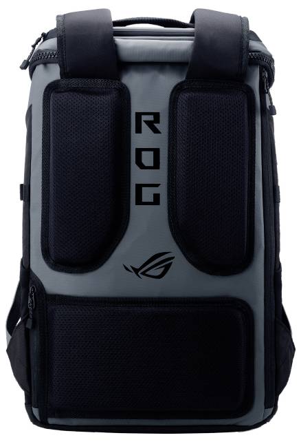 Ein grauer Rucksack mit schwarzem Aufdruck 'ROG' und einem stilisierten Logo darunter.