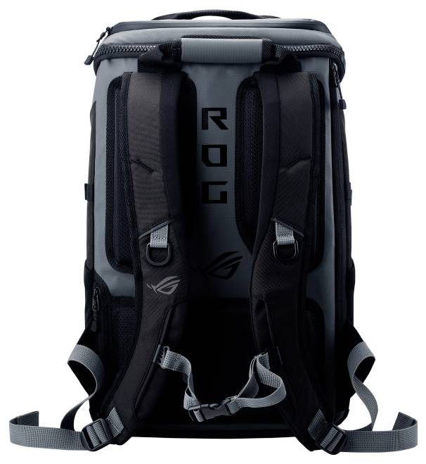 Ein grauer und schwarzer Rucksack mit gepolsterten Gurten und einem markanten Design.