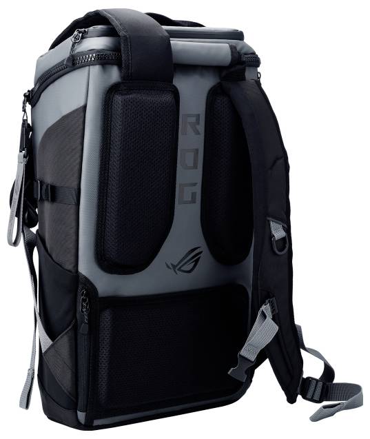 Ein moderner, schwarzer und grauer Rucksack mit gepolsterten Schultergurten und mehreren Taschen. Geeignet für Technikliebhaber.