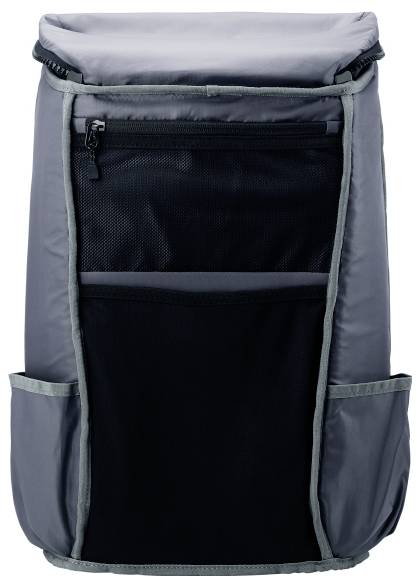 Grauer Rucksack mit mehreren Fächern, vorne eine Reißverschlusstasche und zwei Seitentaschen. Ideal für Reisen oder Schule.